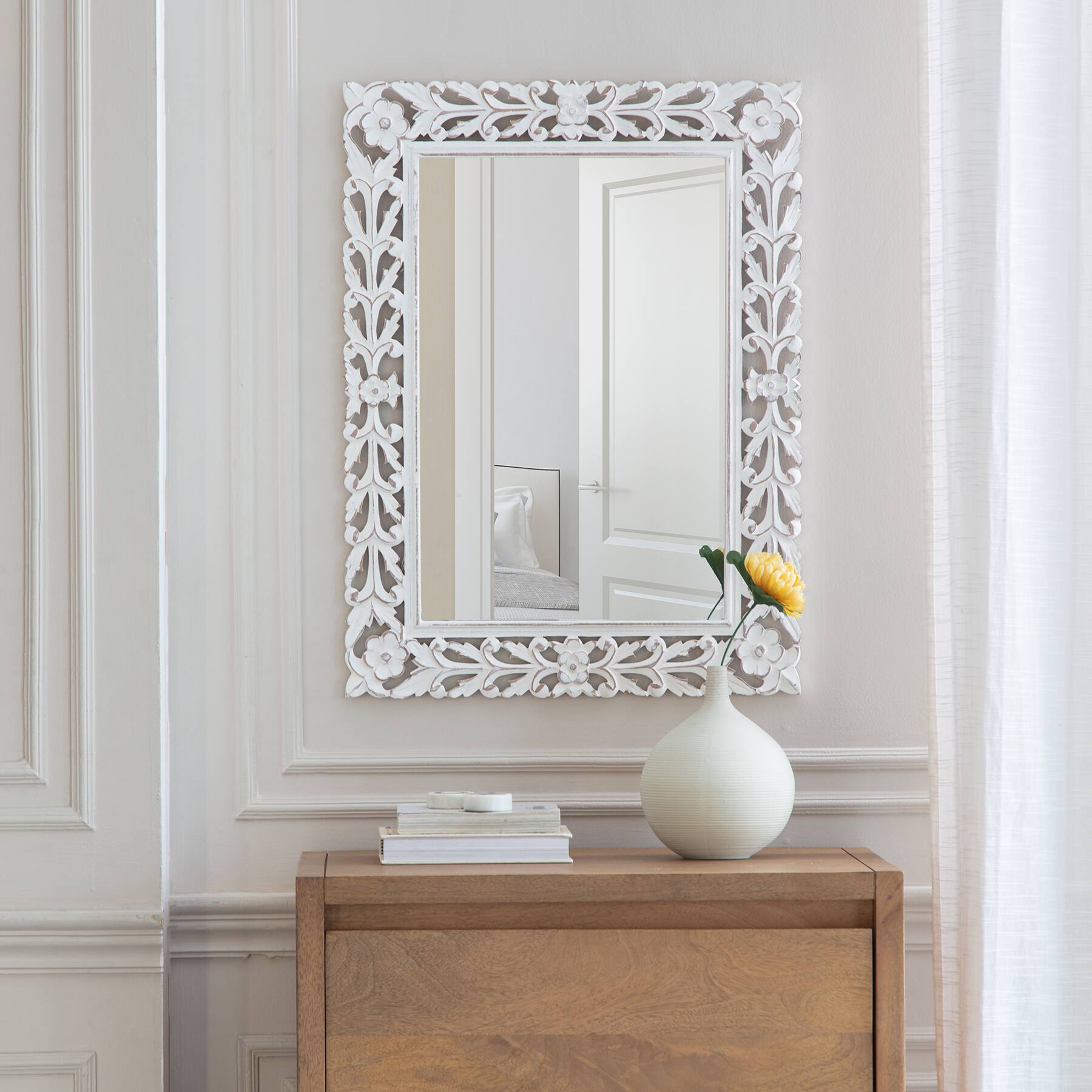 Habitat Calie 24&#x22; Distressed White Mirror with Carved Floral Frame