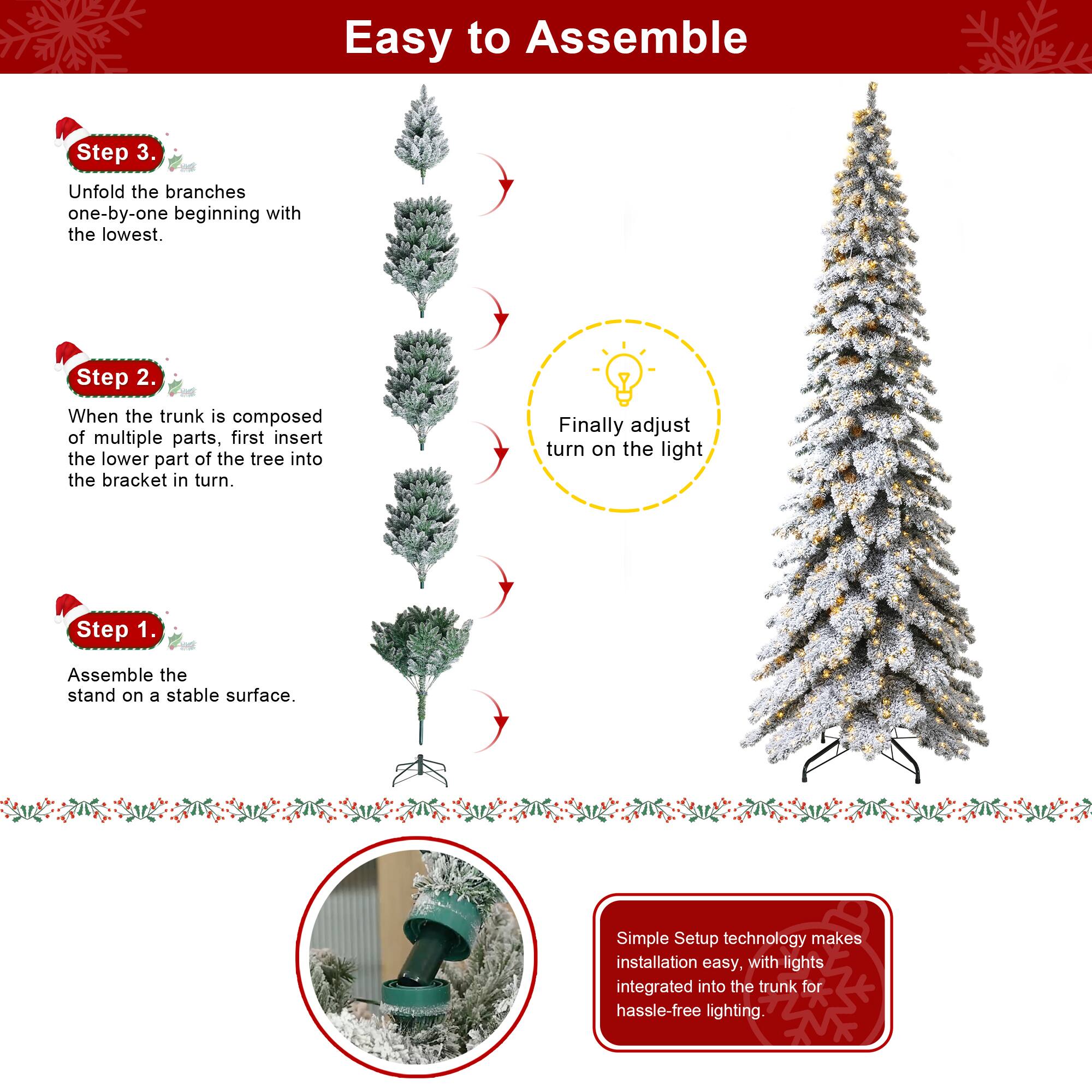 12ft. Pre-Lit Flocked Layered Slim Spruce Artificial Christmas Tree, Warm White LED Lights