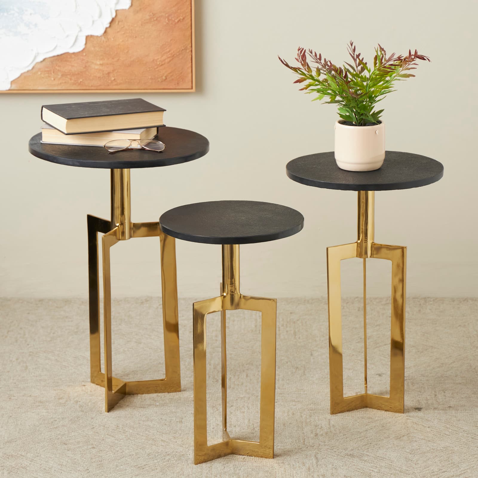 Gold Aluminum Geometric Accent Table with Black Marble Tabletop Set