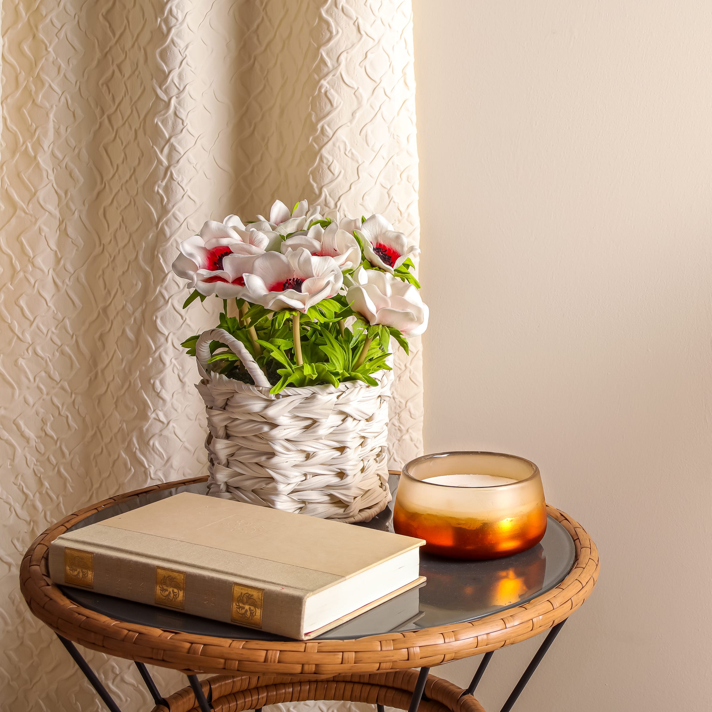 10" Anemone Flower Bouquet In White Basket