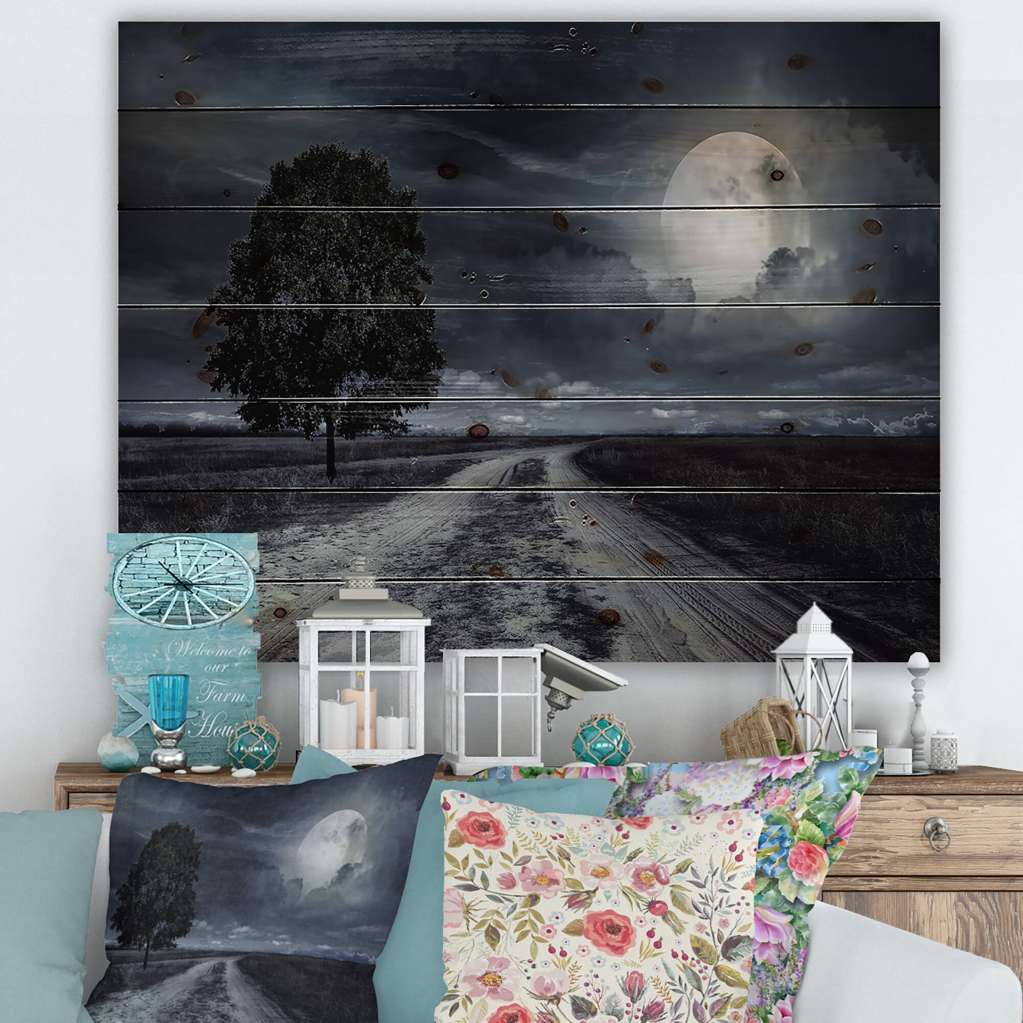 Designart - Paved Road Under A Full Moon - Nautical &#x26; Coastal Print on Natural Pine Wood