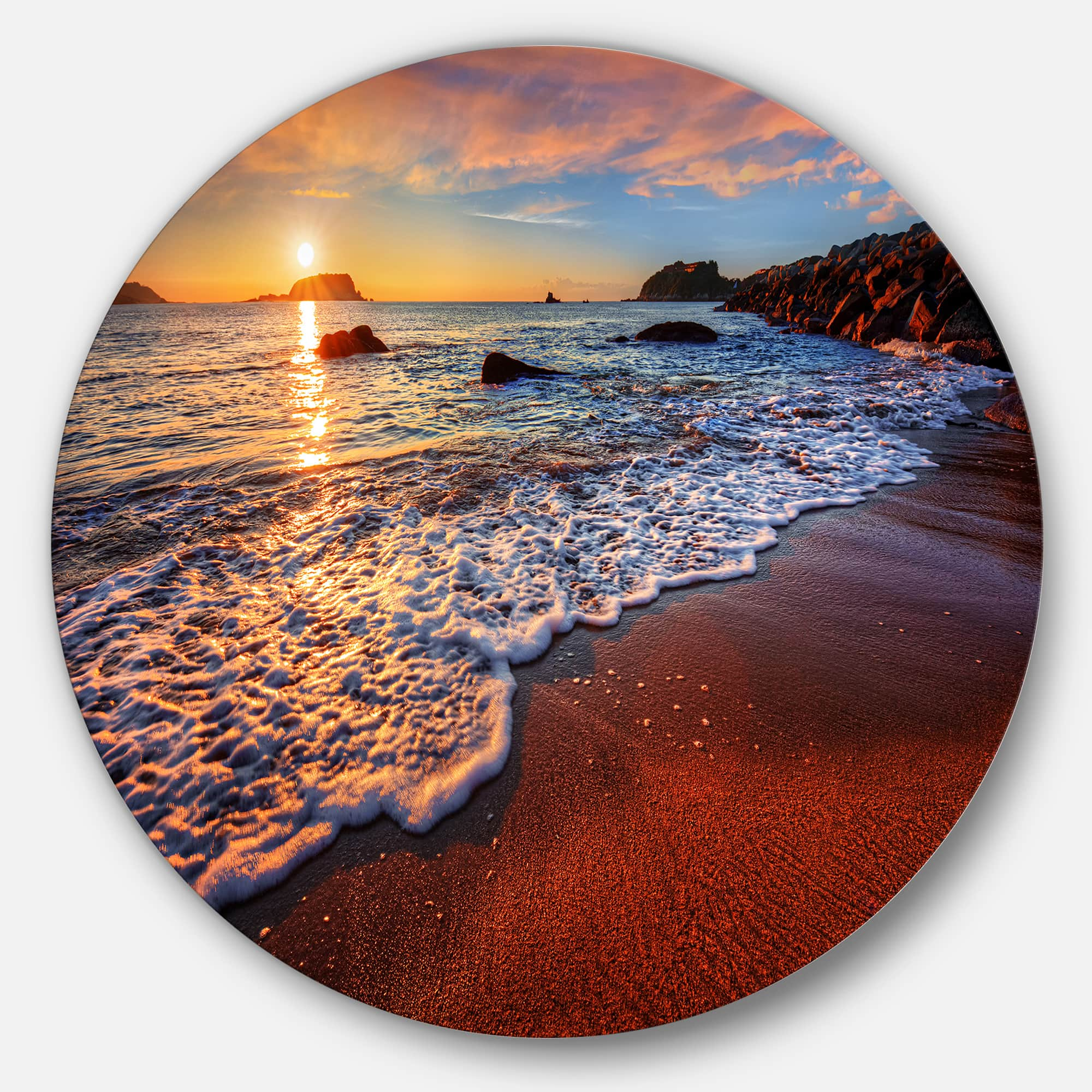 Designart - Stunning Ocean Beach at Sunset&#x27; Seashore Metal Circle Wall Art