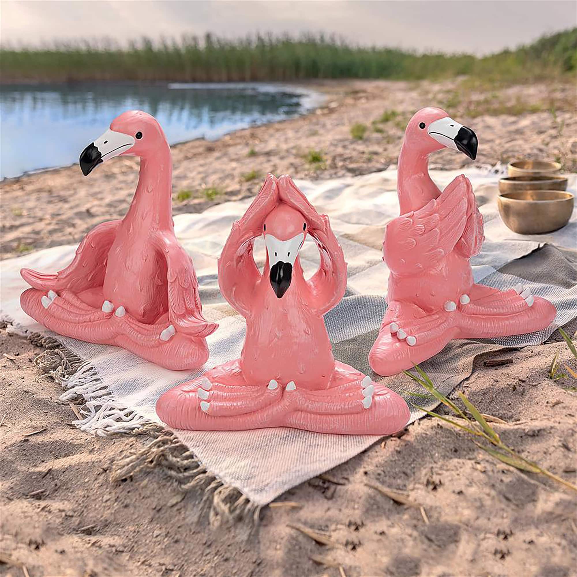 Design Toscano 13.5&#x22; Large The Zen of Pink Flamingos Yoga Garden Statues Set