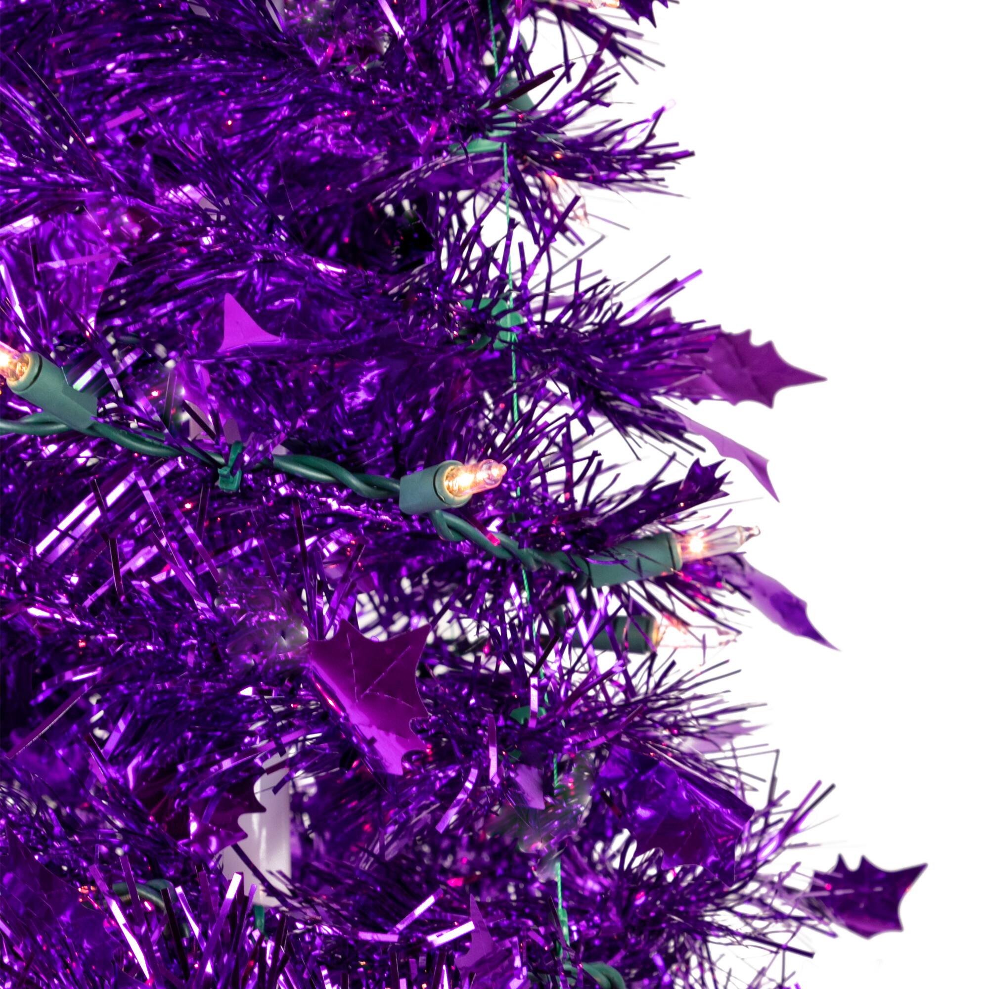 4ft. Pre-Lit Purple Tinsel Pop-Up Artificial Christmas Tree, Clear Lights
