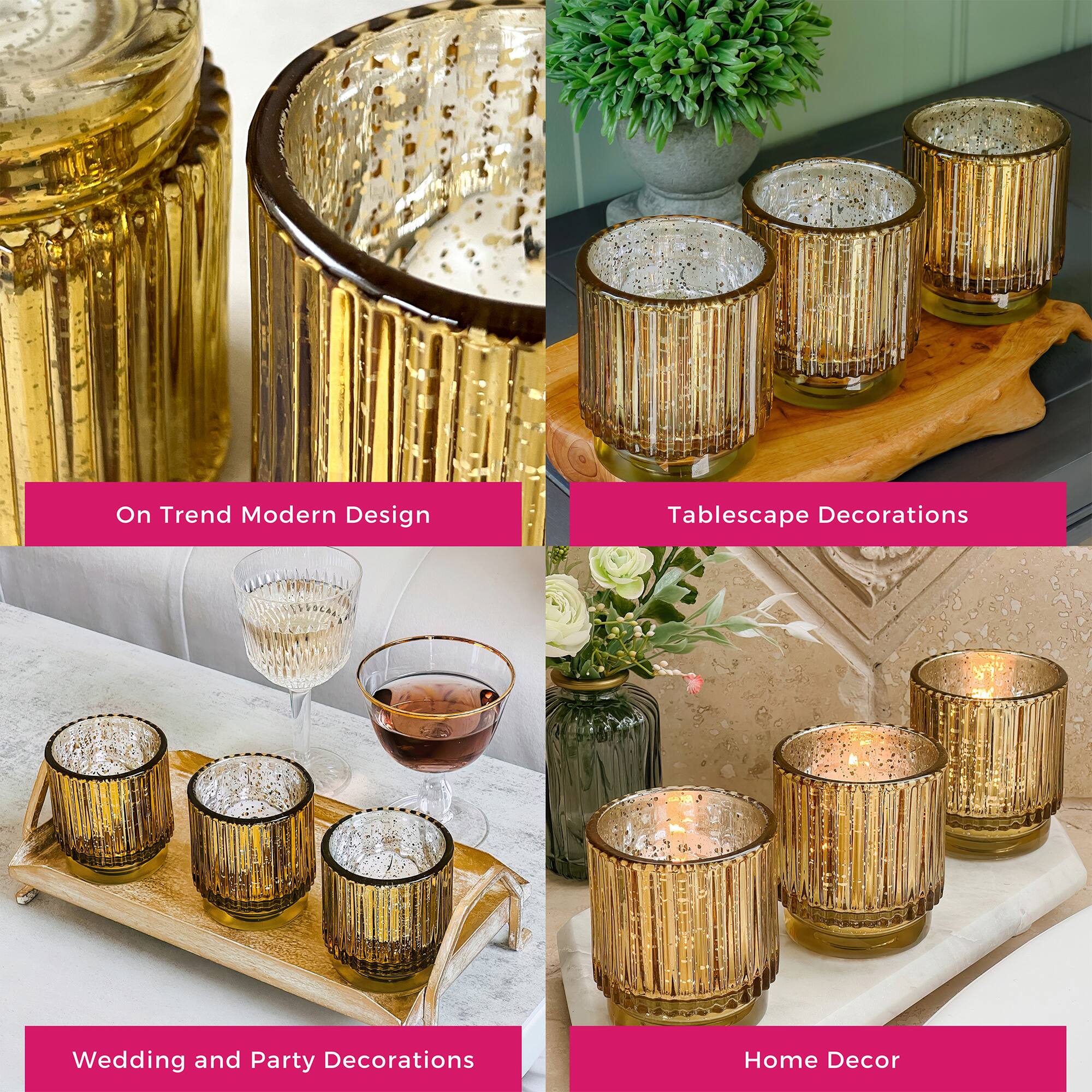 Kate Aspen&#xAE; Gold Vintage Ribbed Glass Tealight Votive Candle Holder Set