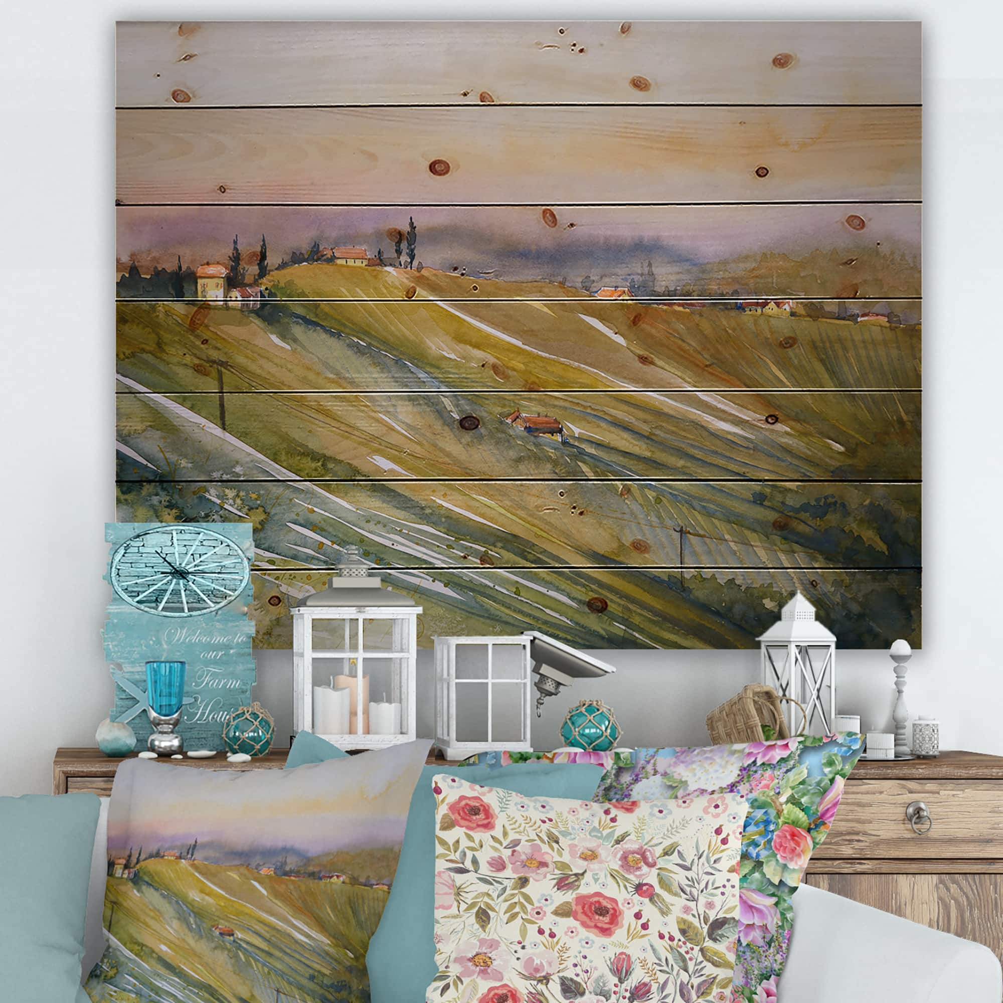 Designart - Vineyard At Dawn In Tuscany Italy - Country Print on Natural Pine Wood