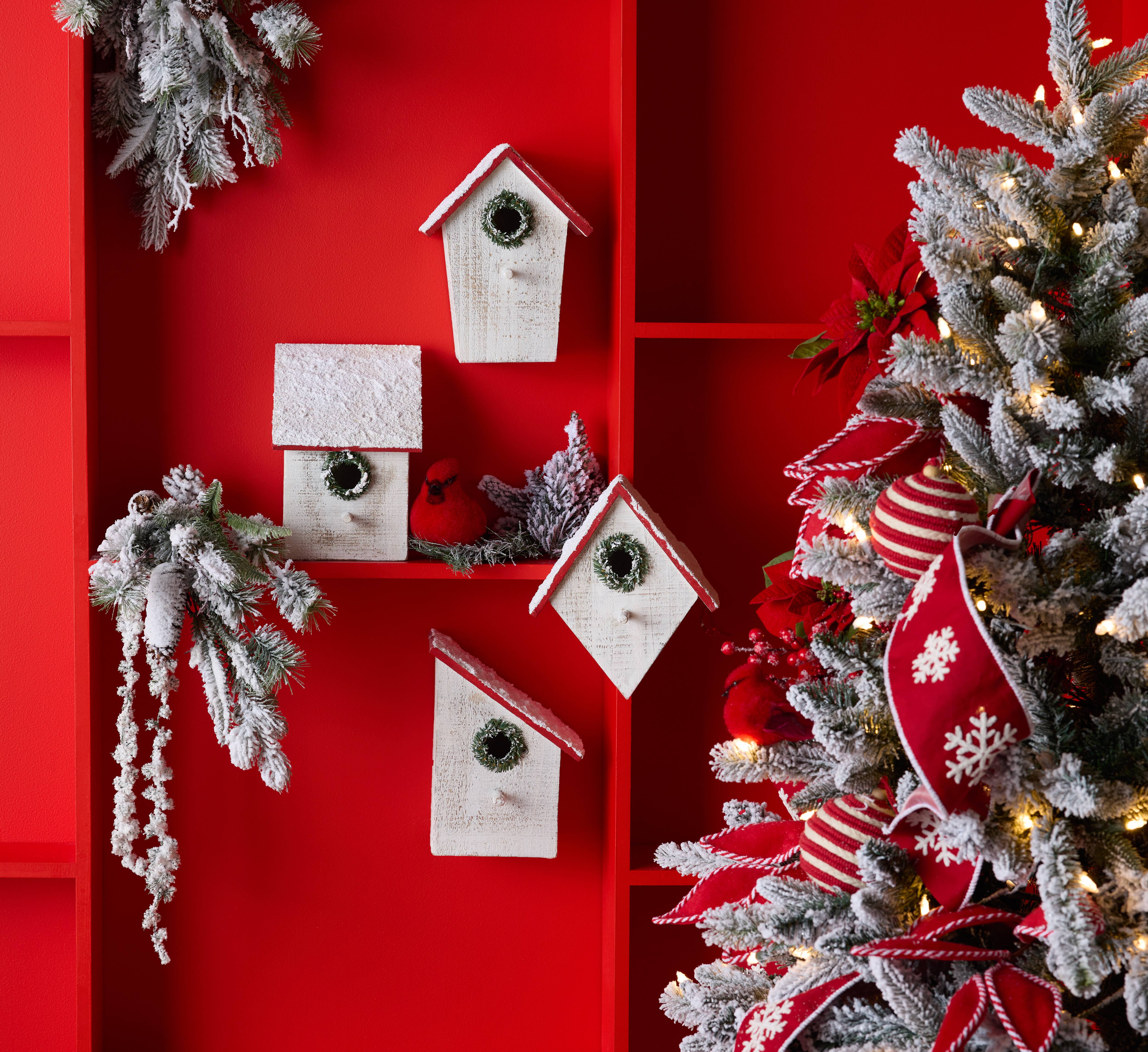 Flocked Wood Birdhouse with Wreath Accent, Set of 4