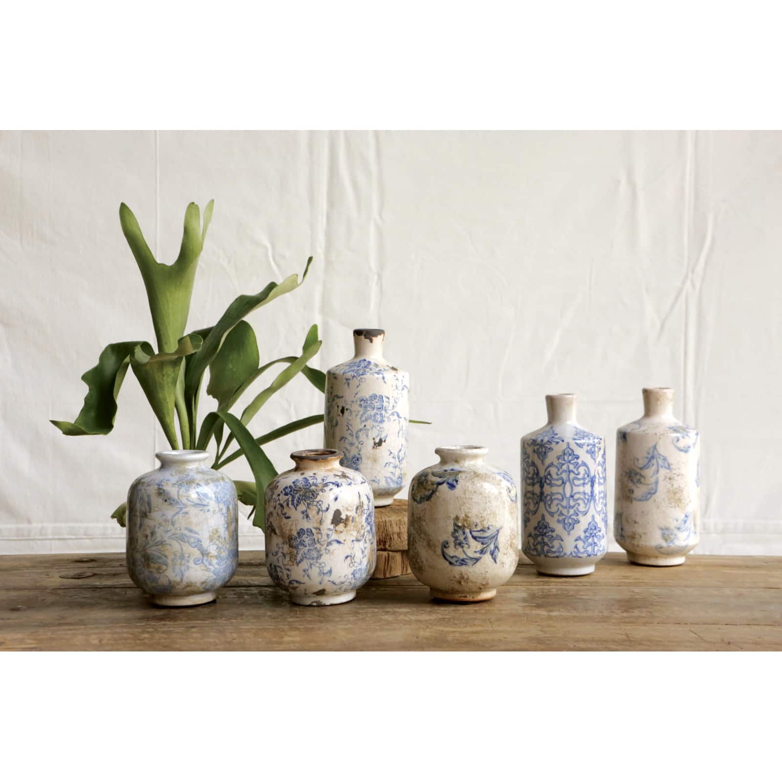 Hello Honey® Blue & White Heavy Distressing Decorative Terracotta Vases Set