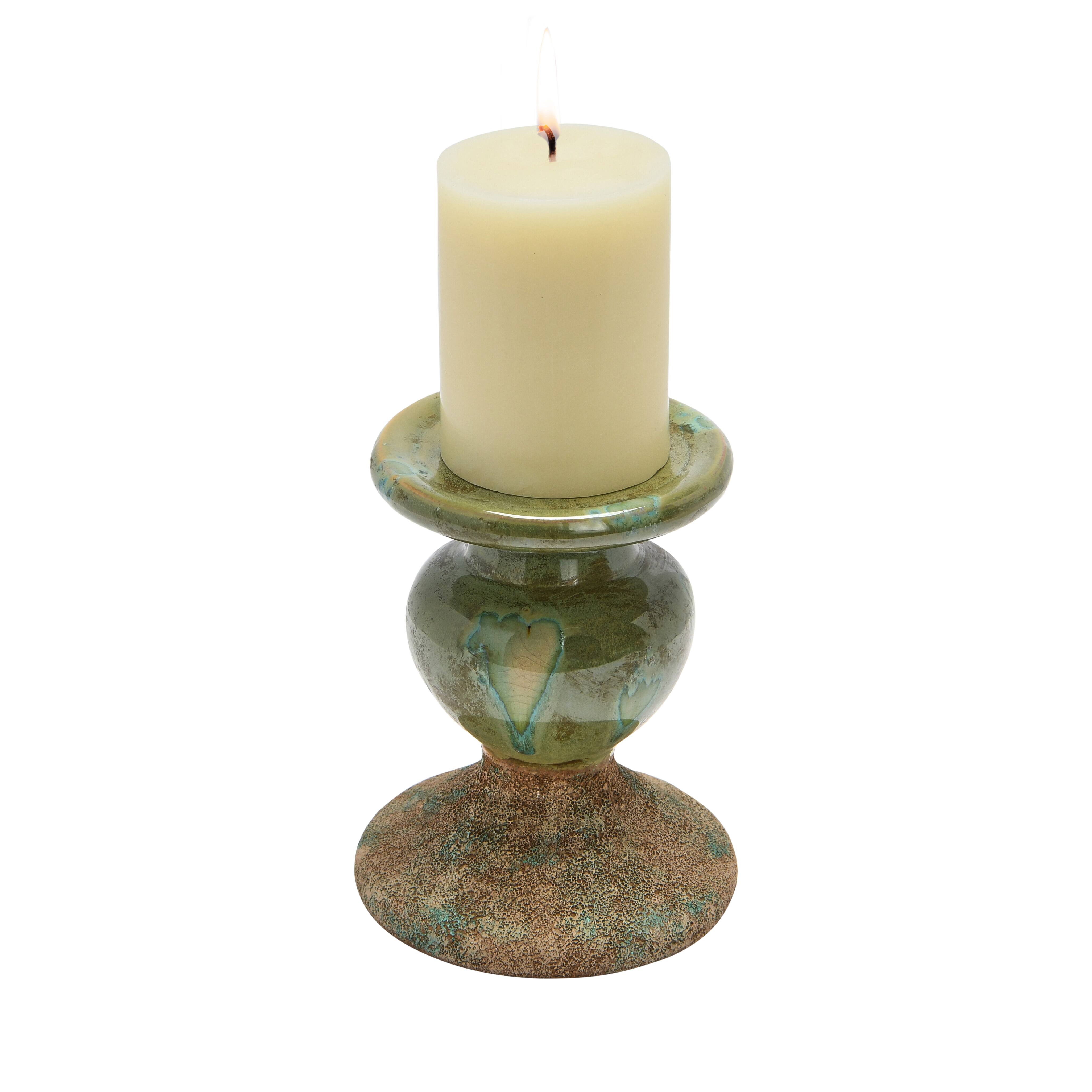 Hello Honey® Distressed Green 2-Tone Sculptural Terracotta Pillar Candle Holder