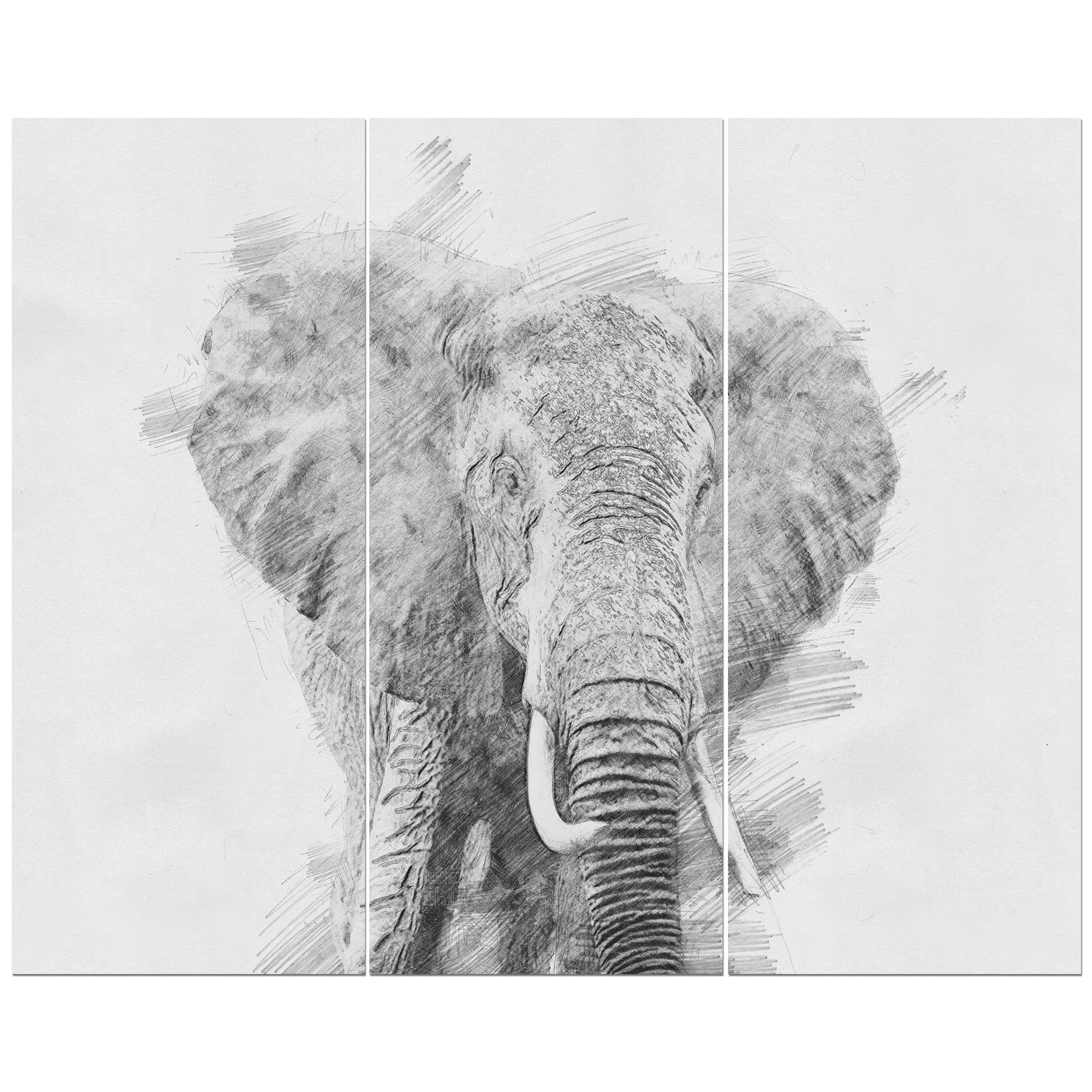 Designart - Black and White Elephant Sketch - Animals Painting Print on Wrapped Canvas set