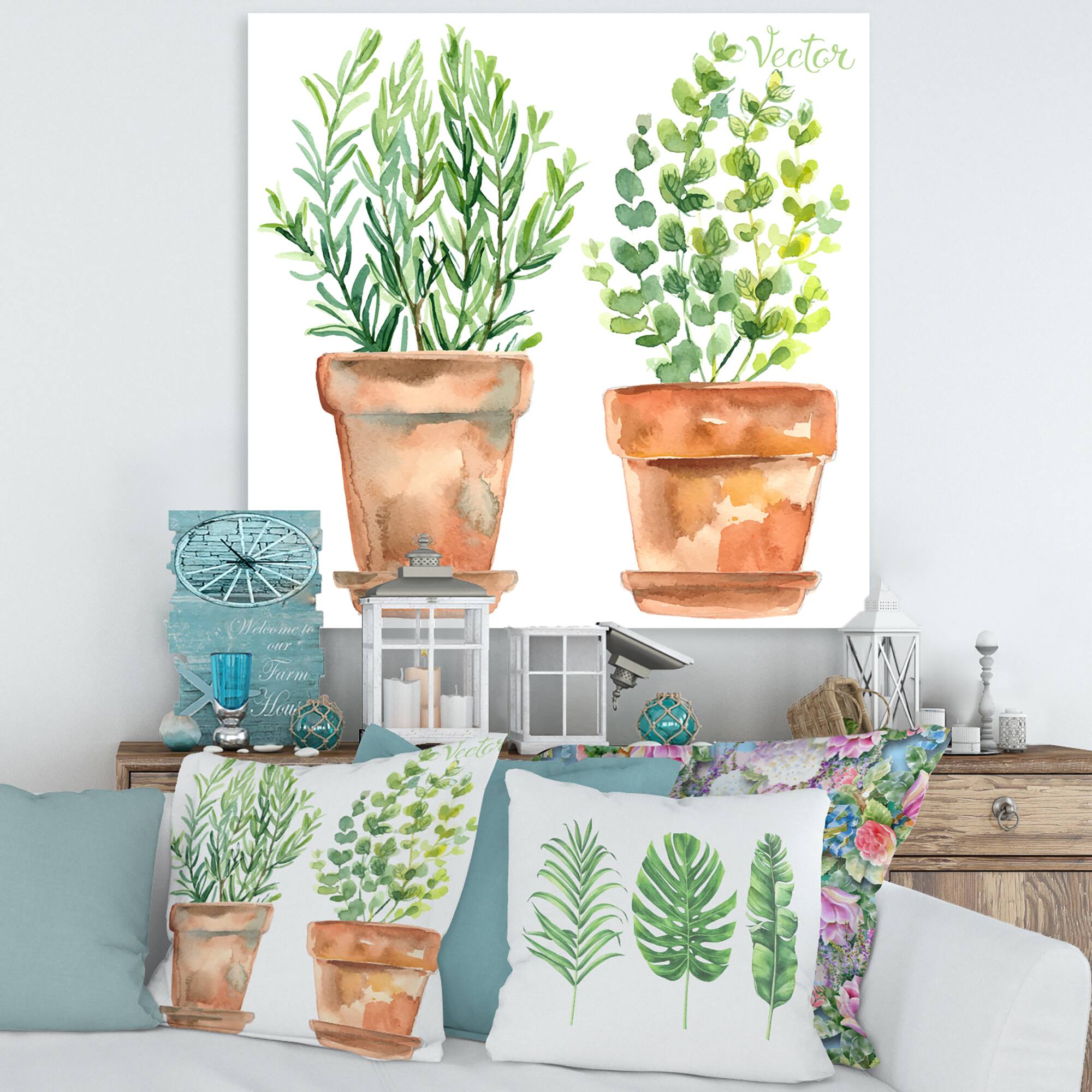 Designart - Two Green House Plants In Orange Flower Pots