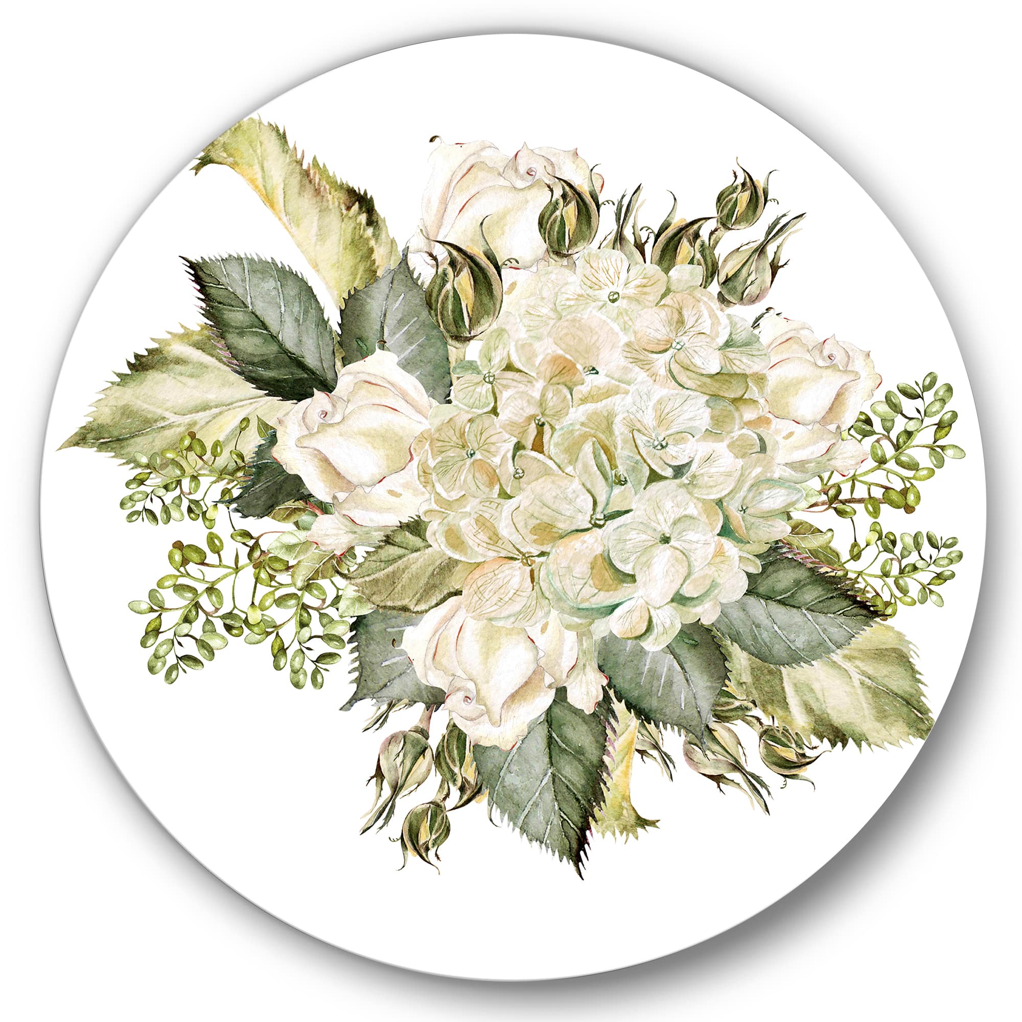 Designart - Beautiful Bouquet With Hudrangea and Roses - Farmhouse Metal Circle Wall Art