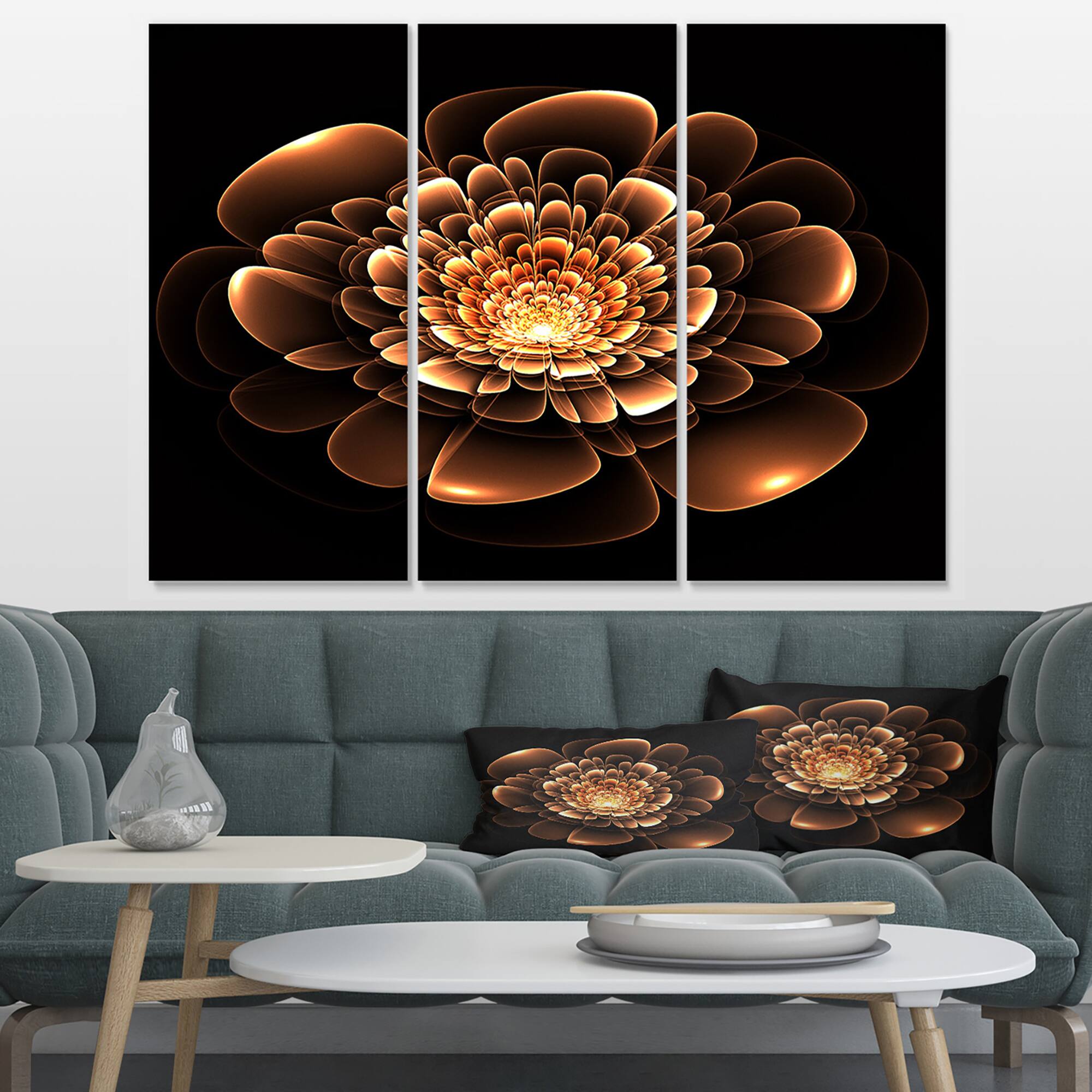 Designart - Glittering Brown Yellow Fractal Flower - Floral Canvas Art Print