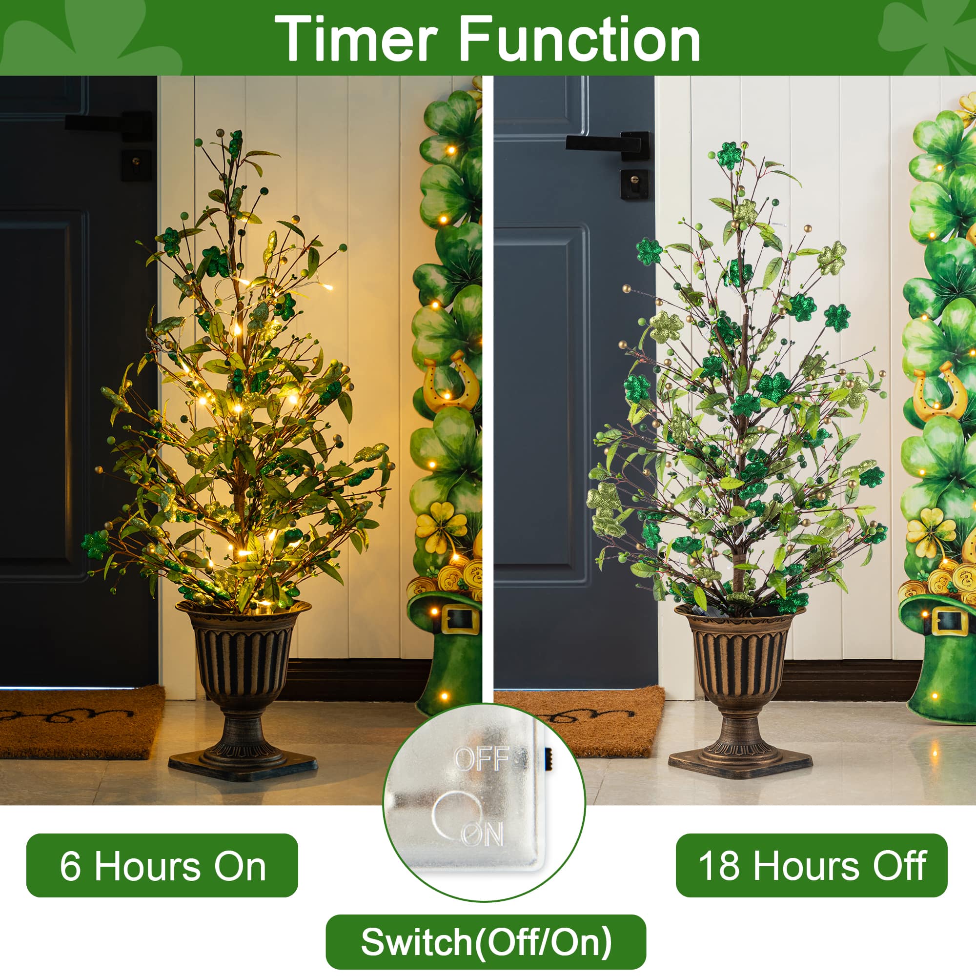 Glitzhome® 36" Lighted St. Patrick's Shamrock Urn Porch Tree with Timer