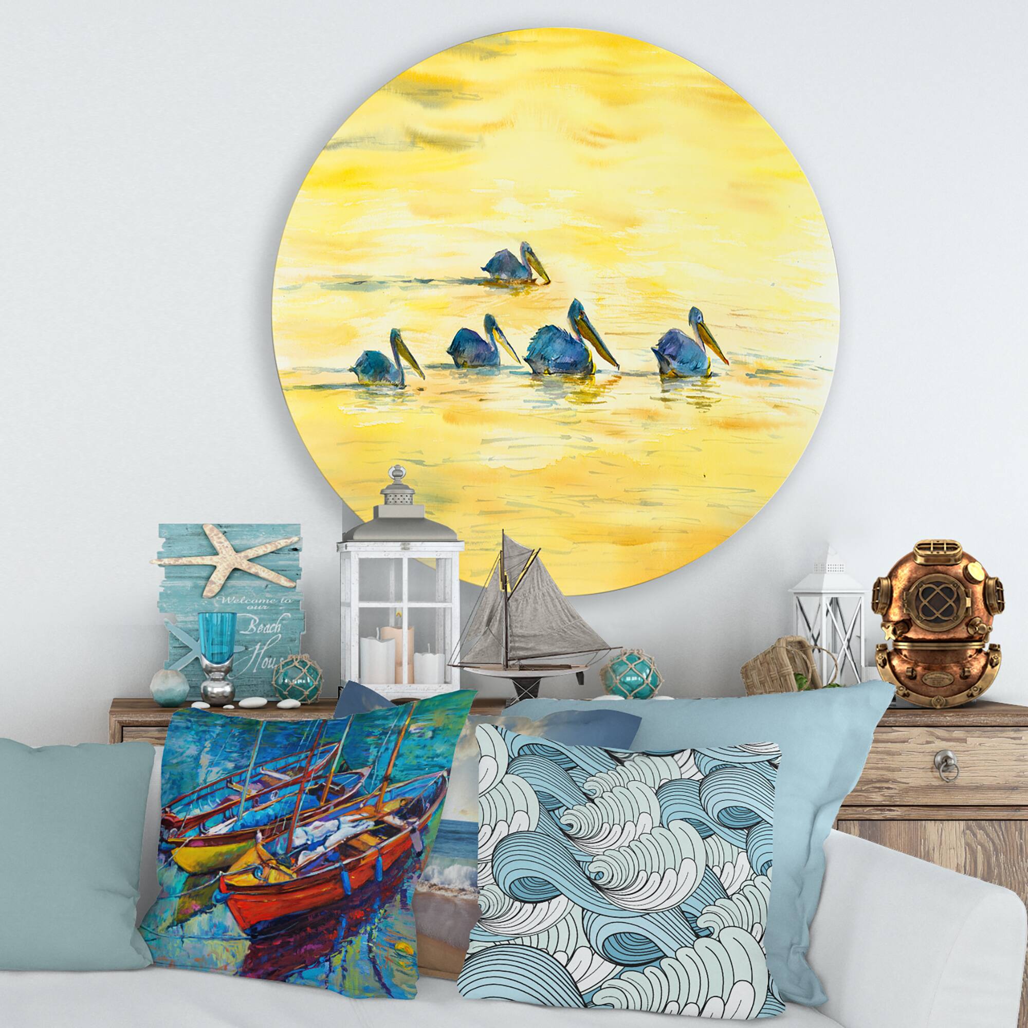Designart - Pelicans On The Yellow River - Farmhouse Metal Circle Wall Art