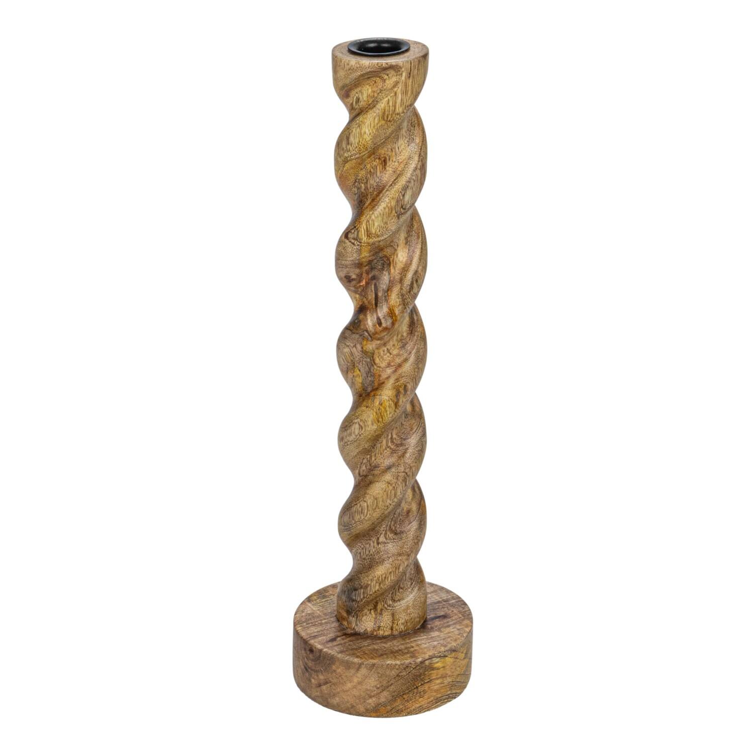 Hello Honey® 14" Tall Natural Hand-Carved Mango Wood Twisted Taper Candle Holder