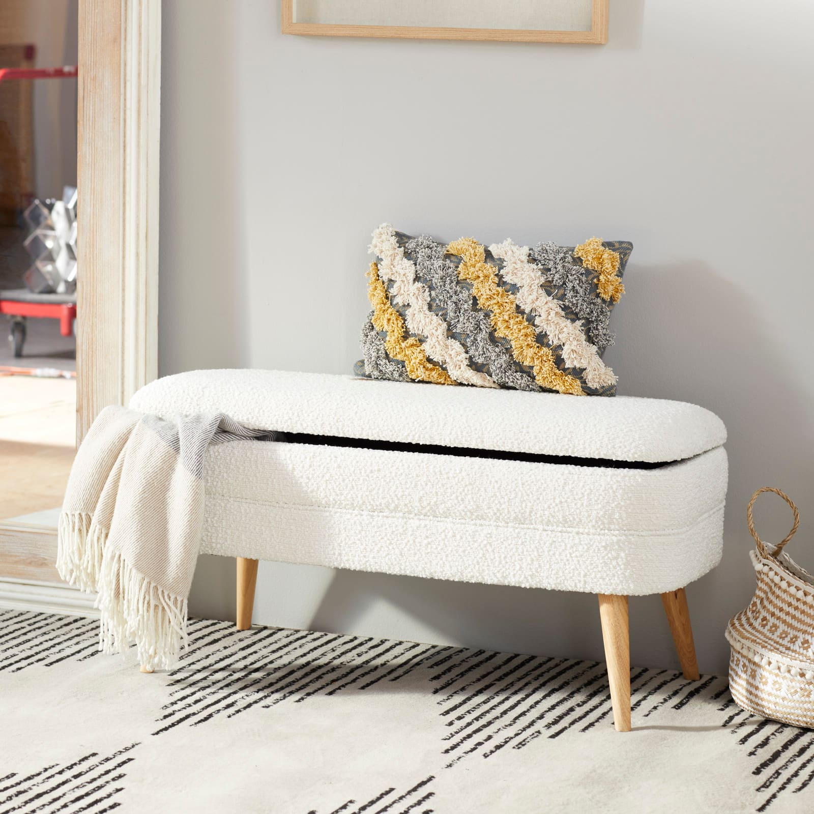 40" Contemporary Polyester & Wood Storage Bench