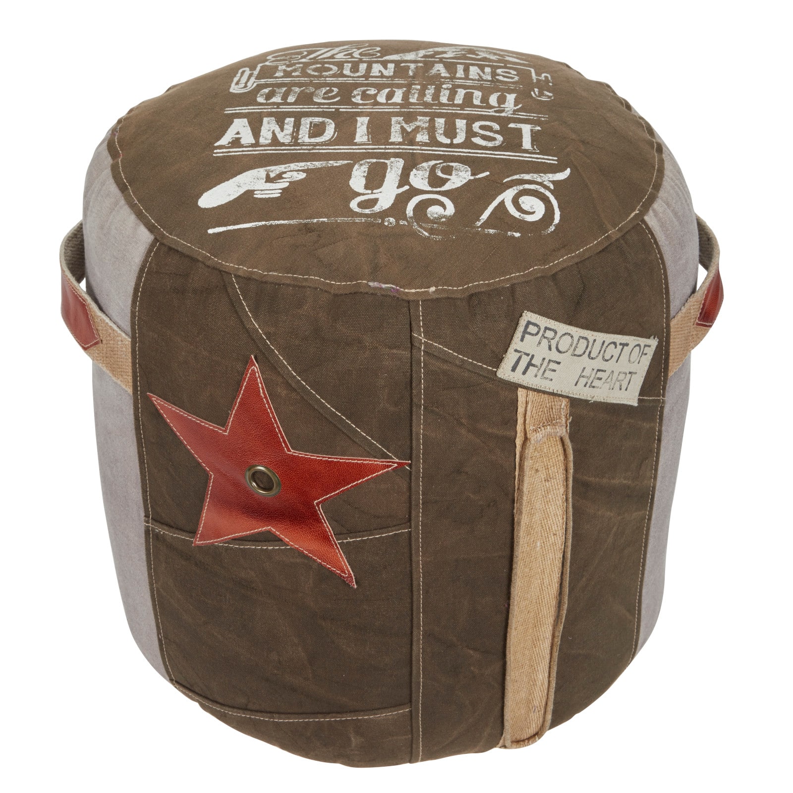 Brown Canvas and Leather Rustic Pouf, 19" x 17" x 17"
