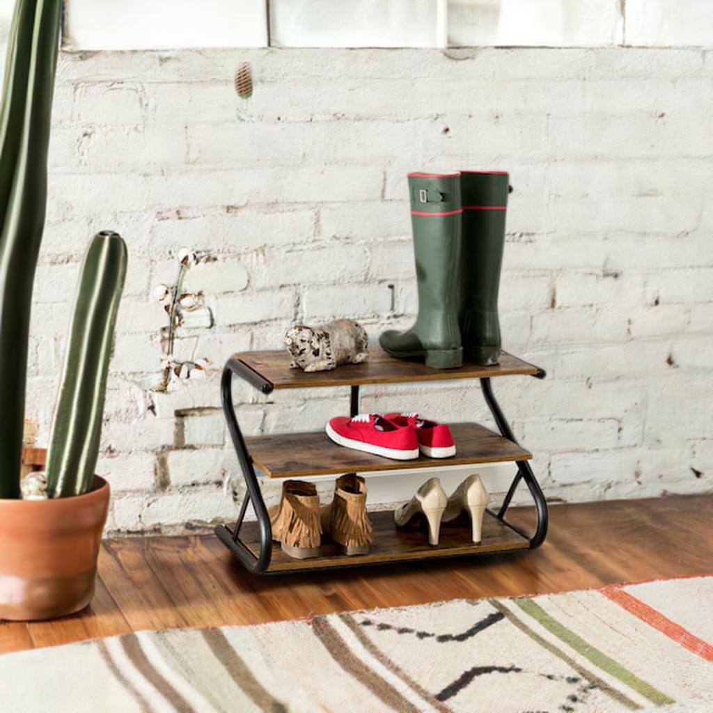 Honey Can Do 3-Shelf Z-Frame Wooden Shoe Rack With Matte Black Metal
