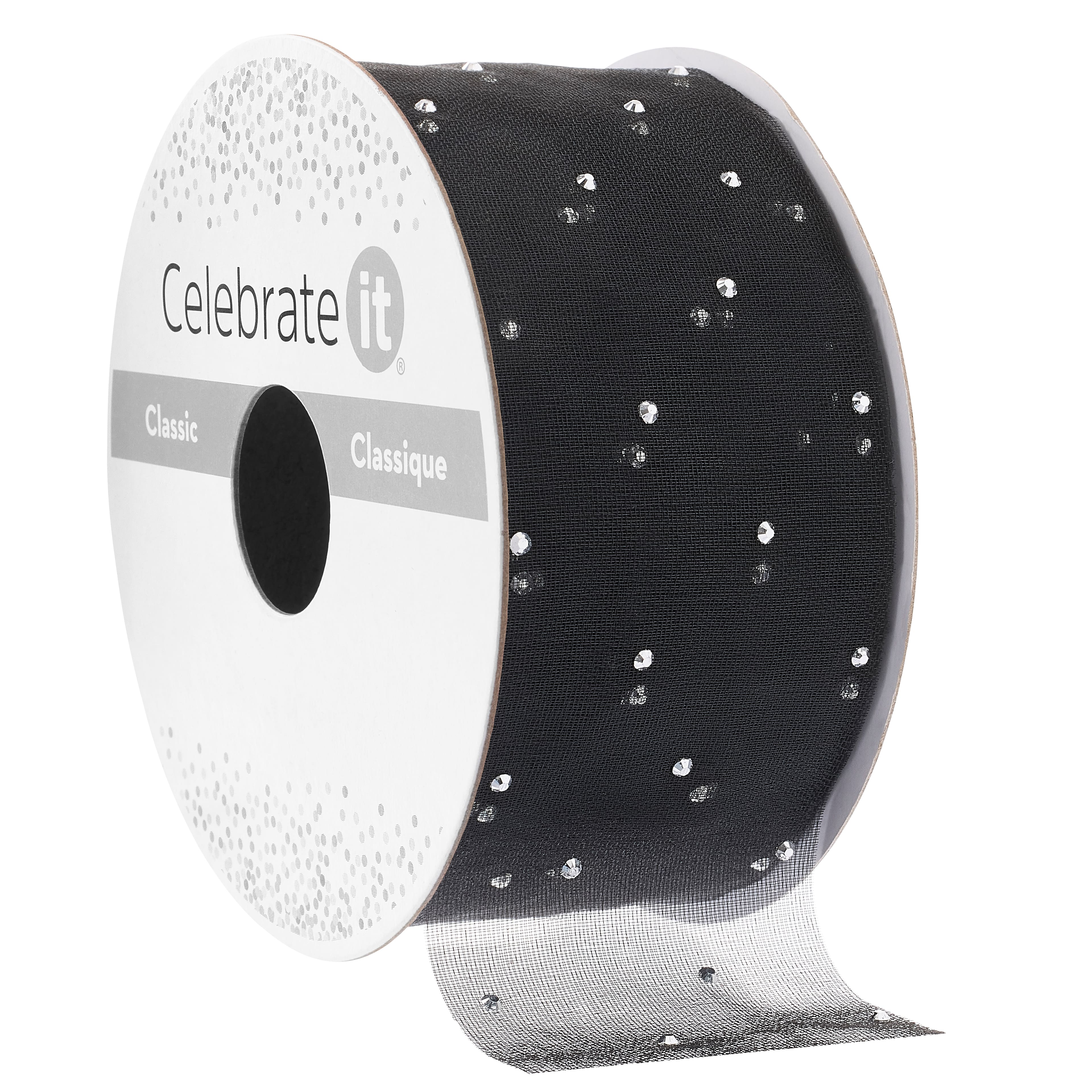 1.5&#x22; x 3yd. Black &#x26; Silver Dotted Ribbon by Celebrate It&#xAE;