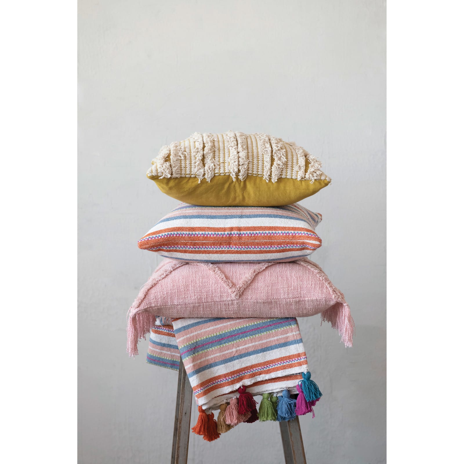 Hello Honey&#xAE; Pink Tufted Pattern Cotton Blend Pillow with Fringe