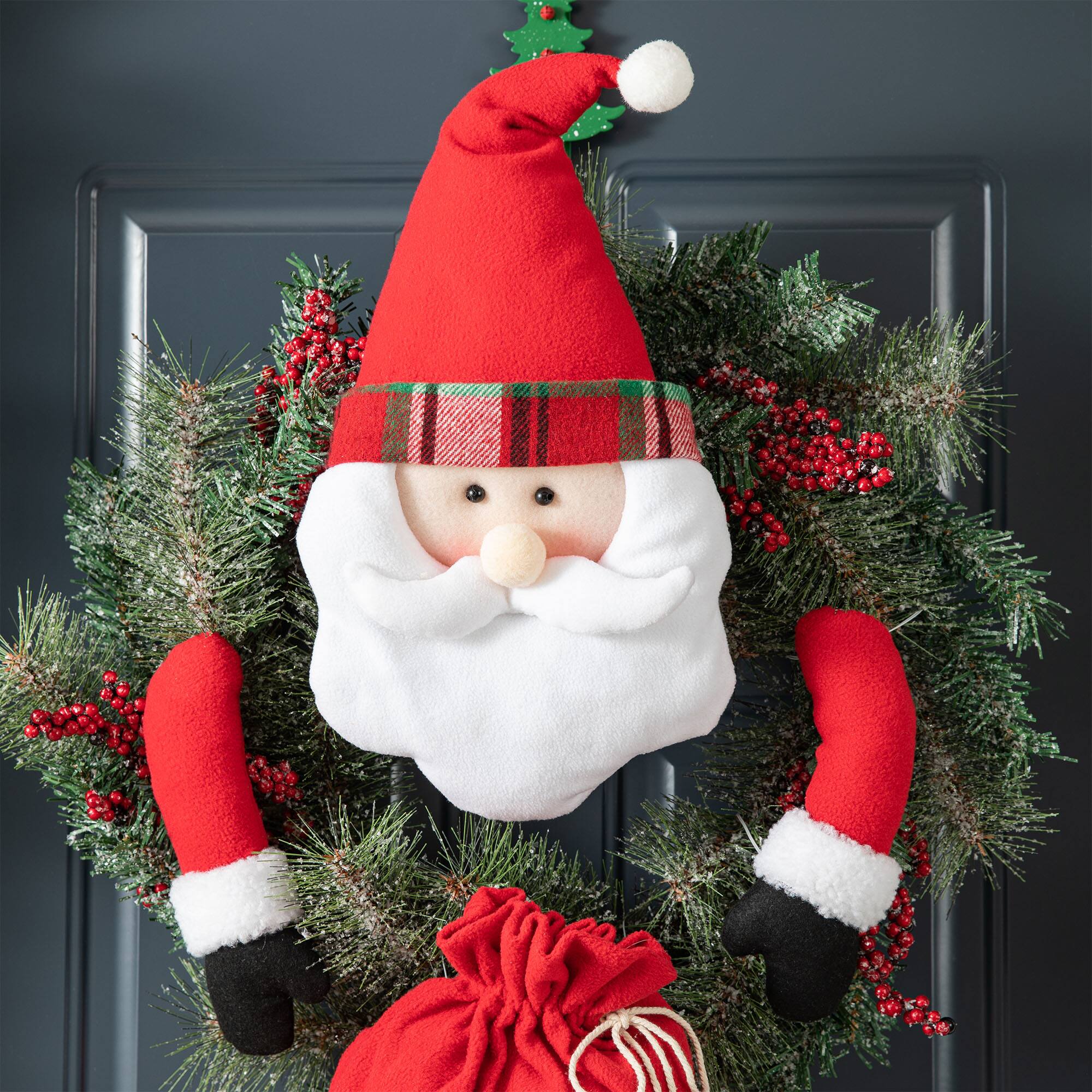 Glitzhome&#xAE; 24&#x22; Santa Flocked Pine Needle &#x26; Berry Wreath