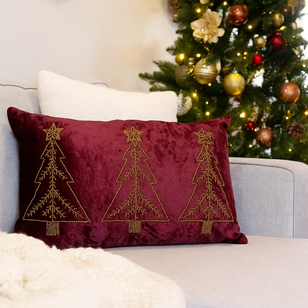 12&#x22; x 18&#x22; Cranberry Christmas Trees Velvet Lumbar Pillow by Ashland&#xAE;
