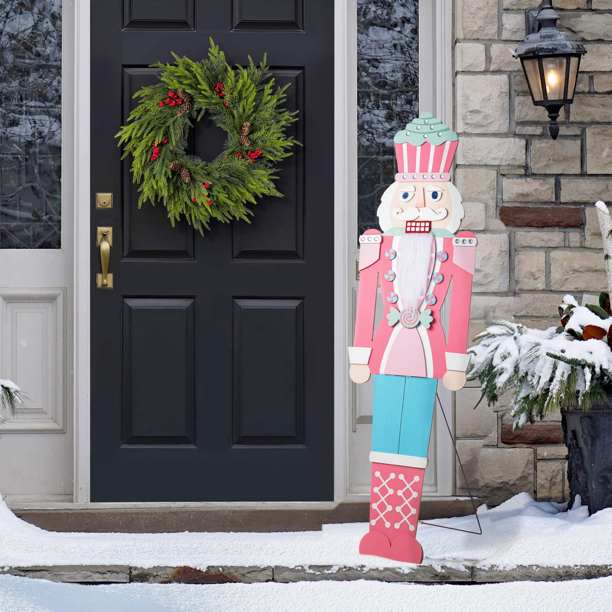Glitzhome&#xAE; 60&#x22; Christmas Wooden Pink Nutcracker Porch Decor