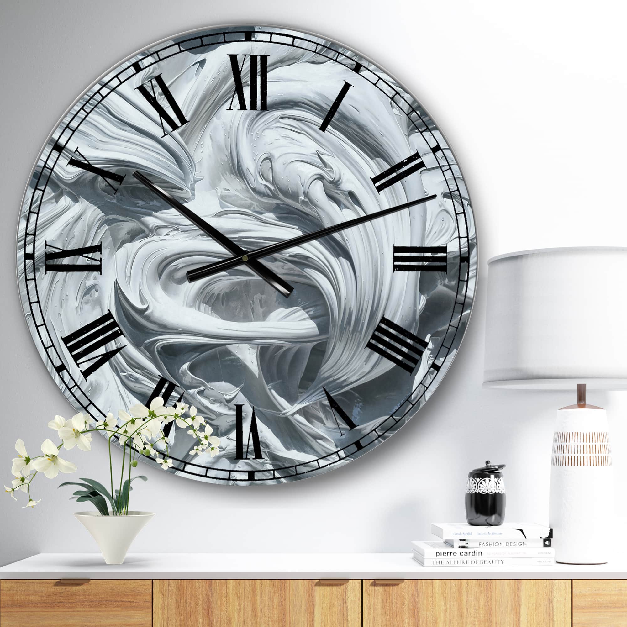 Designart Waves of White Gray Paint Large Modern Wall Clock