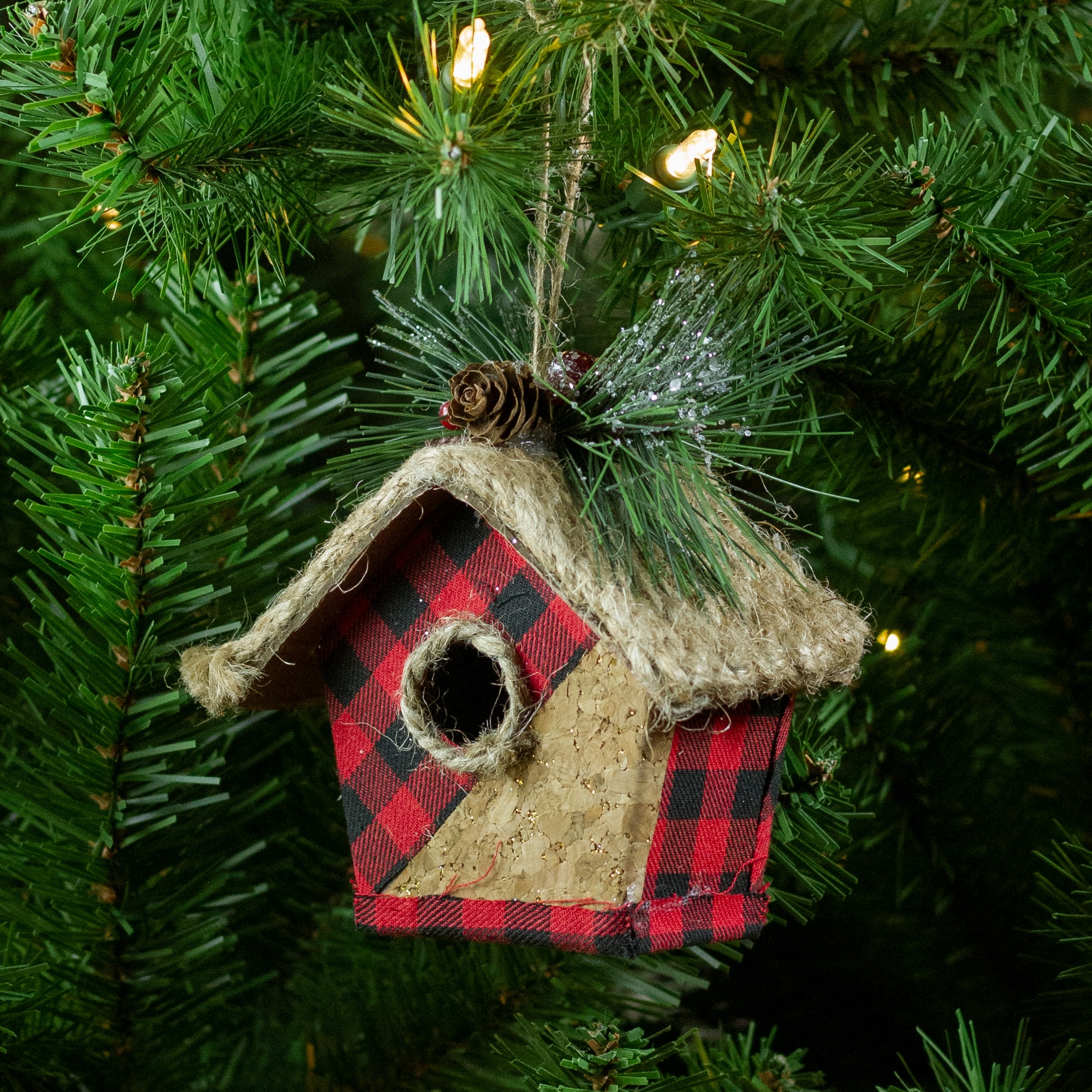 Buffalo Plaid Hanging Bird House Christmas Ornament - 5.75" - Red and Black