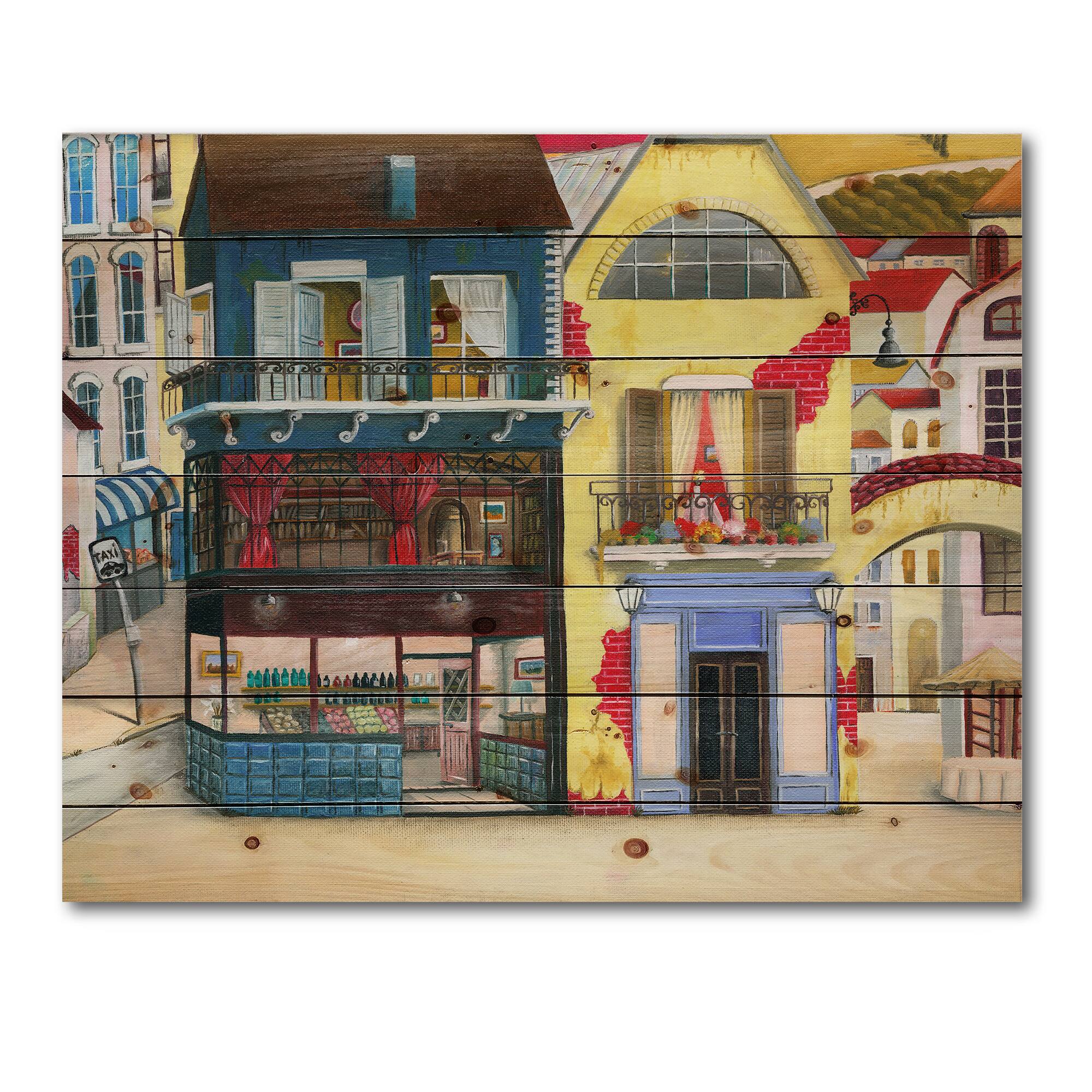 Designart - The Facade of The Buildings In A Cozy Streets - French Country Print on Natural Pine Wood