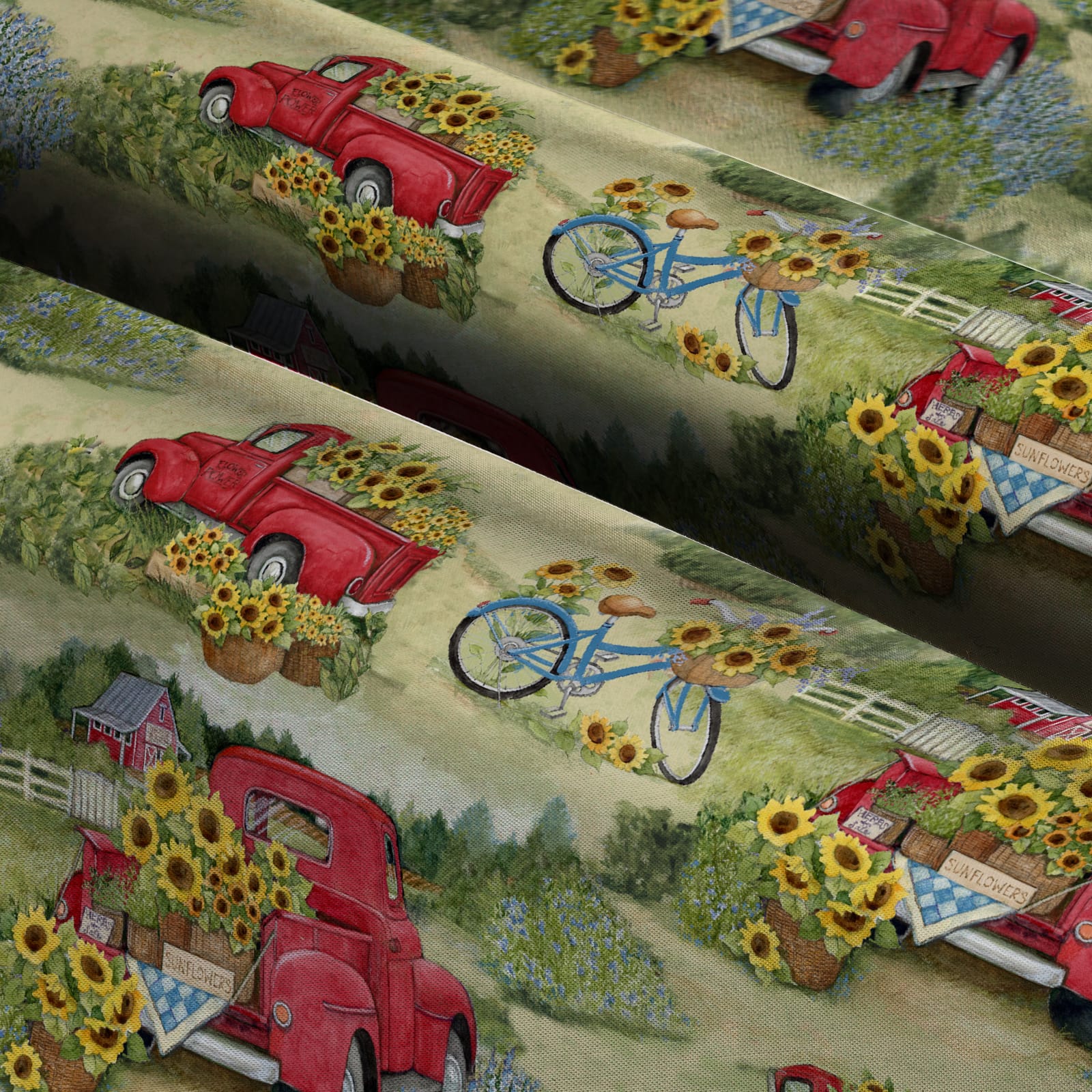 Susan Winget Red Truck &#x26; Bicycles Cotton Fabric