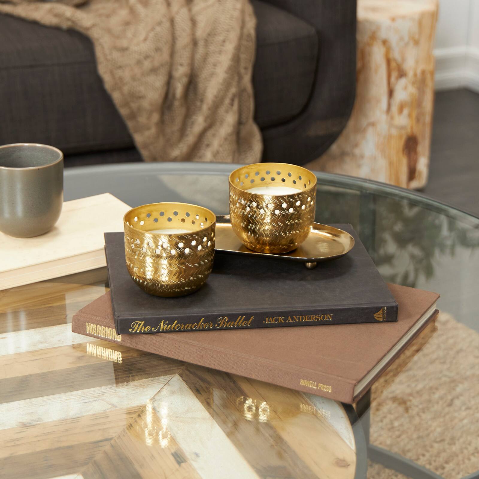Egyptian Mint Scented Cutout Spotted Candles in Gold Bowls Set