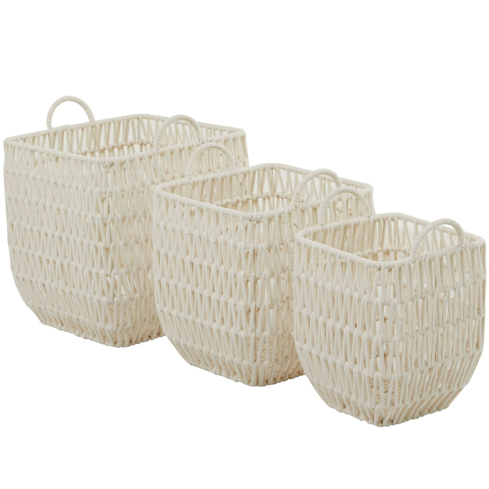 White Cotton Handmade Storage Basket with Handles Set of 3 18&#x22;, 16&#x22;, 15&#x22;
