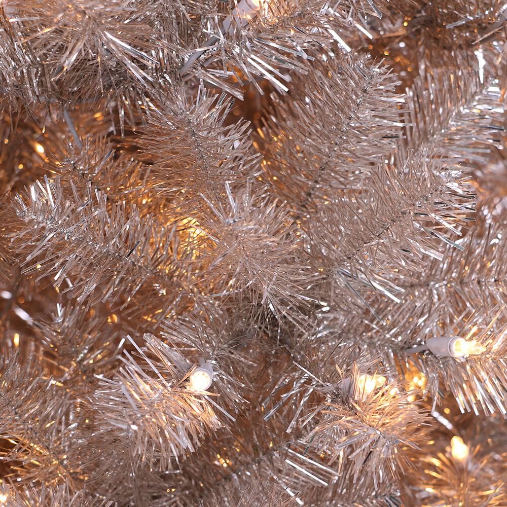 6 Pack: 4.5ft. Pre-Lit Rose Gold Tinsel Artificial Christmas Tree, Clear Lights