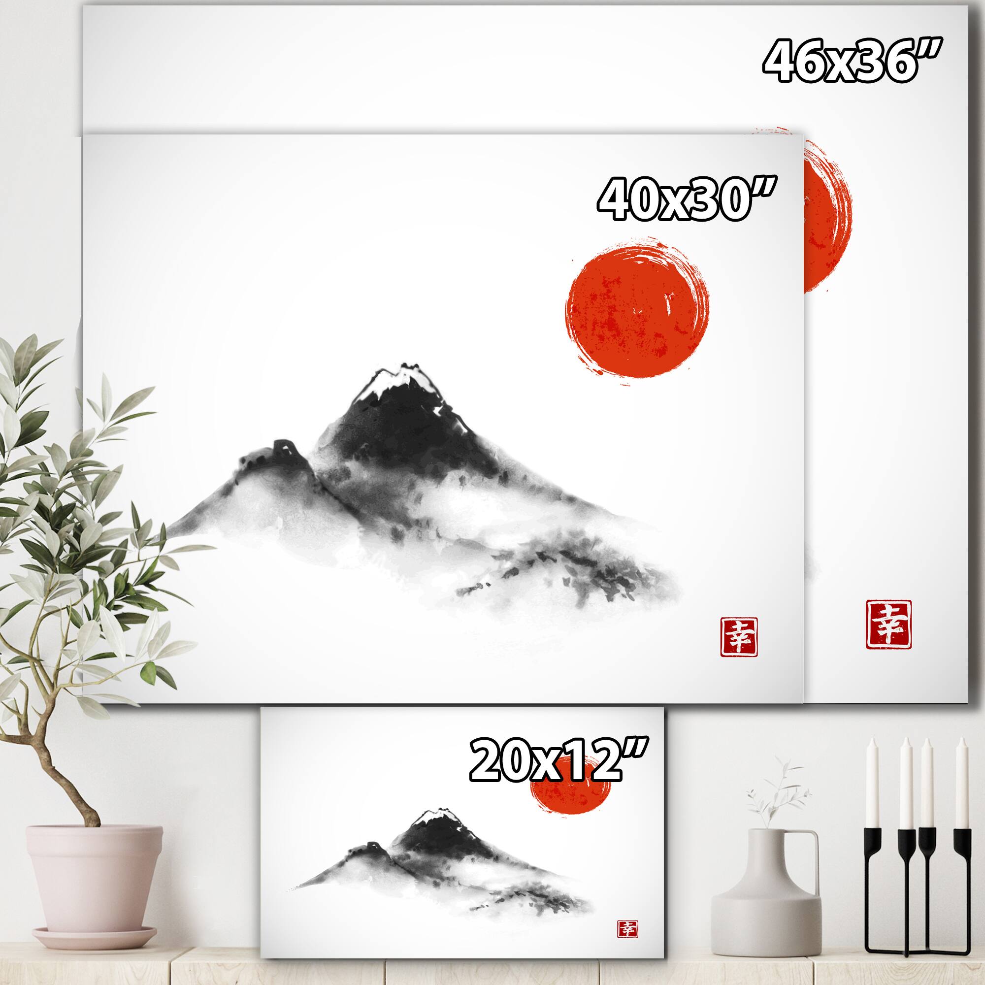 Designart - Japanese Red Moon In Traditional Sumi-e Painting III - Traditional Canvas Wall Art Print