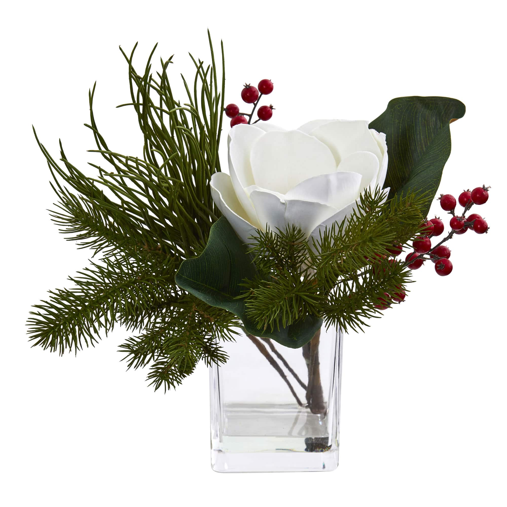 13&#x22; Magnolia, Berries &#x26; Pine Arrangement in Vase