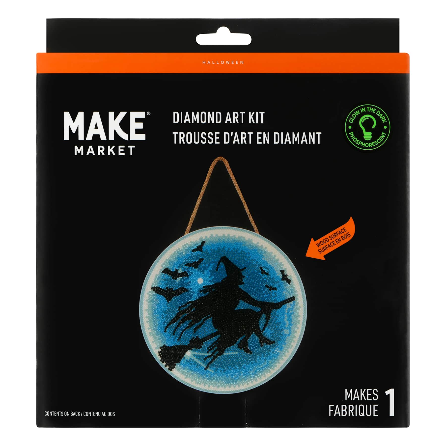 8&#x22; Glow-in-the-Dark Witch on Broom Stick Round Wood Plaque Diamond Art Kit by Make Market&#xAE;