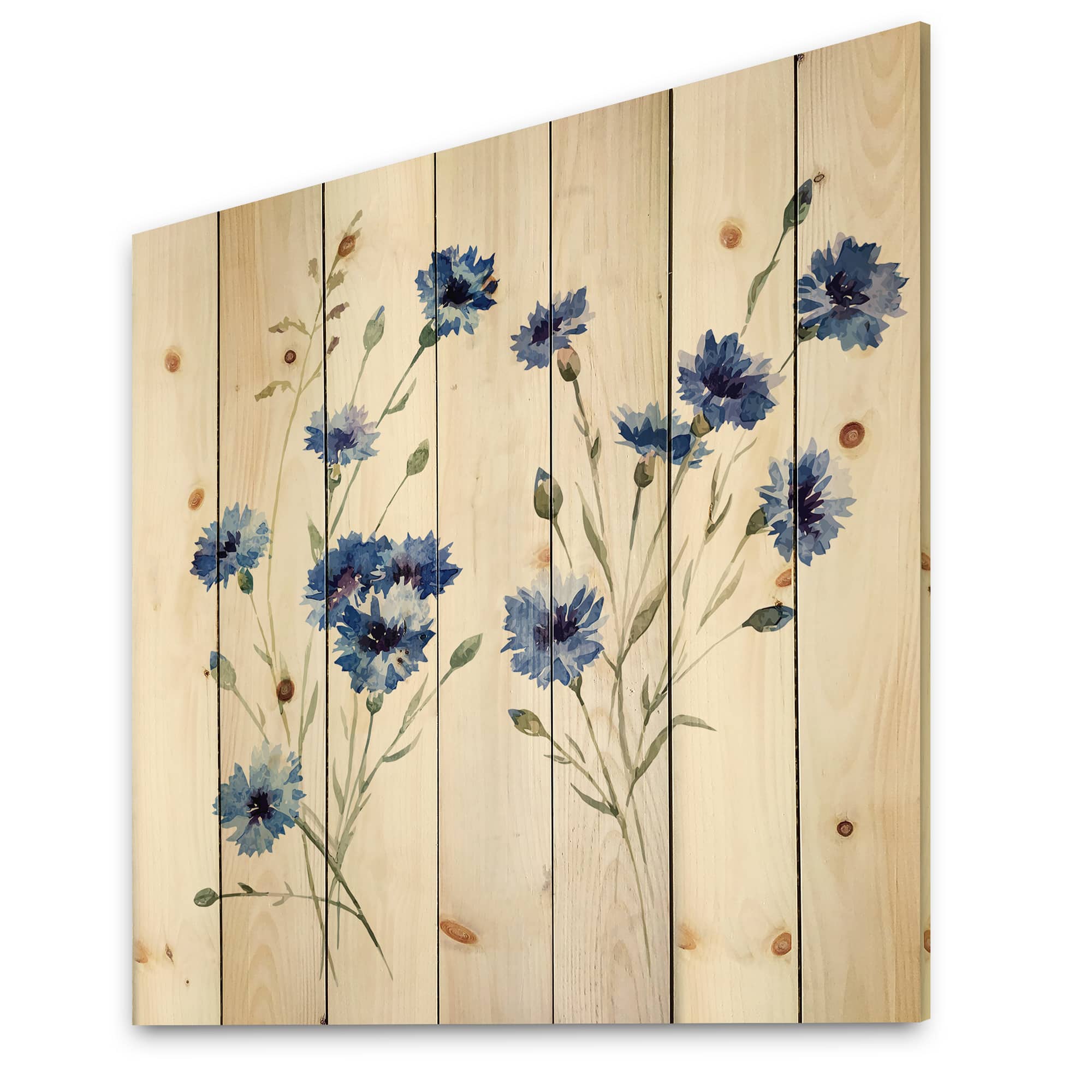 Designart - Blue Cornflowers With Green Leaves III - Traditional Print on Natural Pine Wood