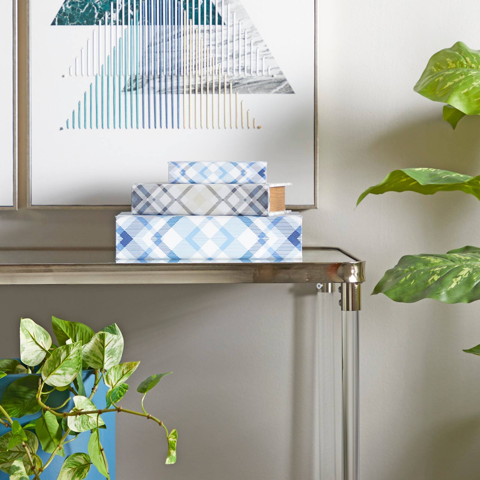 Blue Plaid Canvas Faux Book Box Set