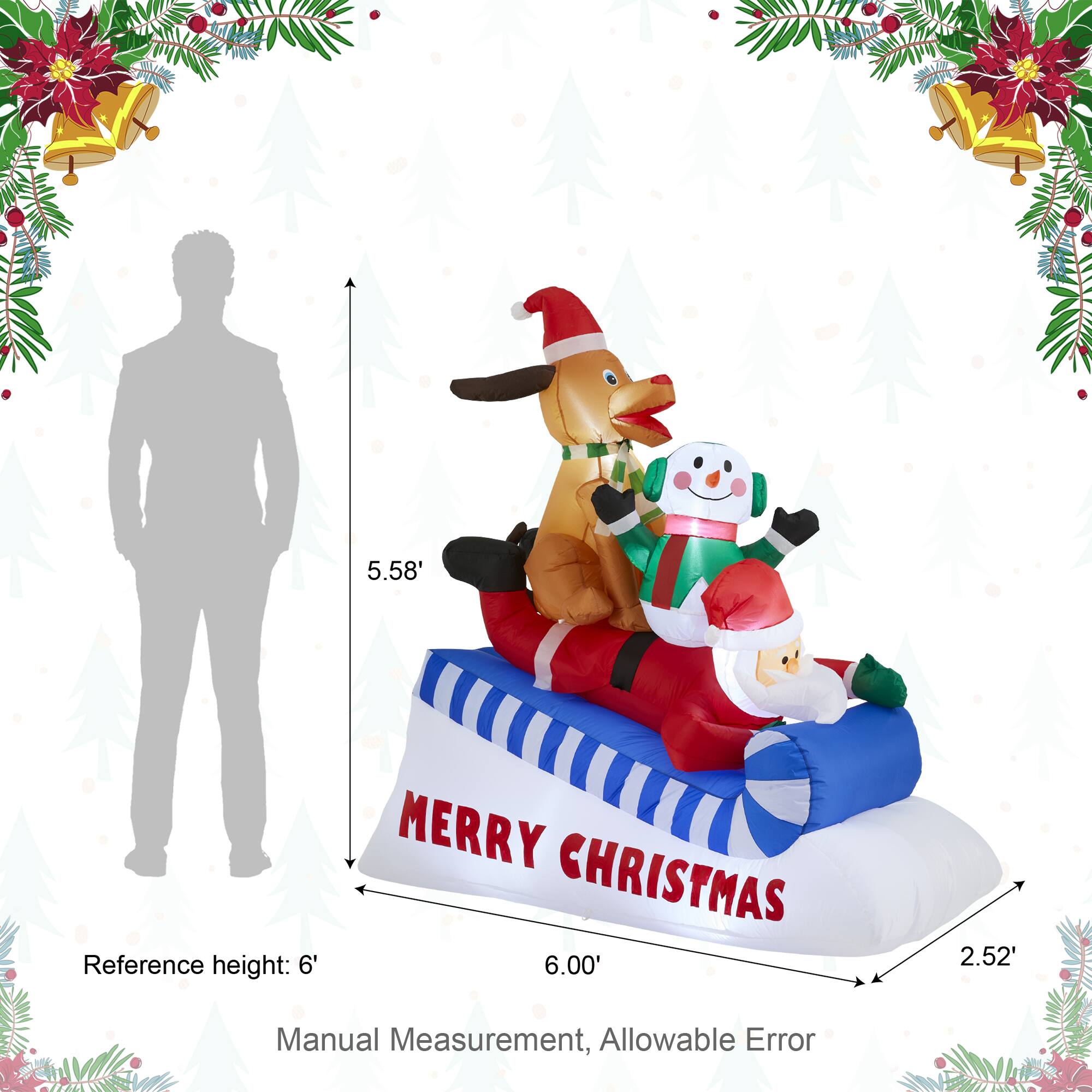 Glitzhome&#xAE; 6FT Lighted Inflatable Skiing Santa, Snowman &#x26; Dog