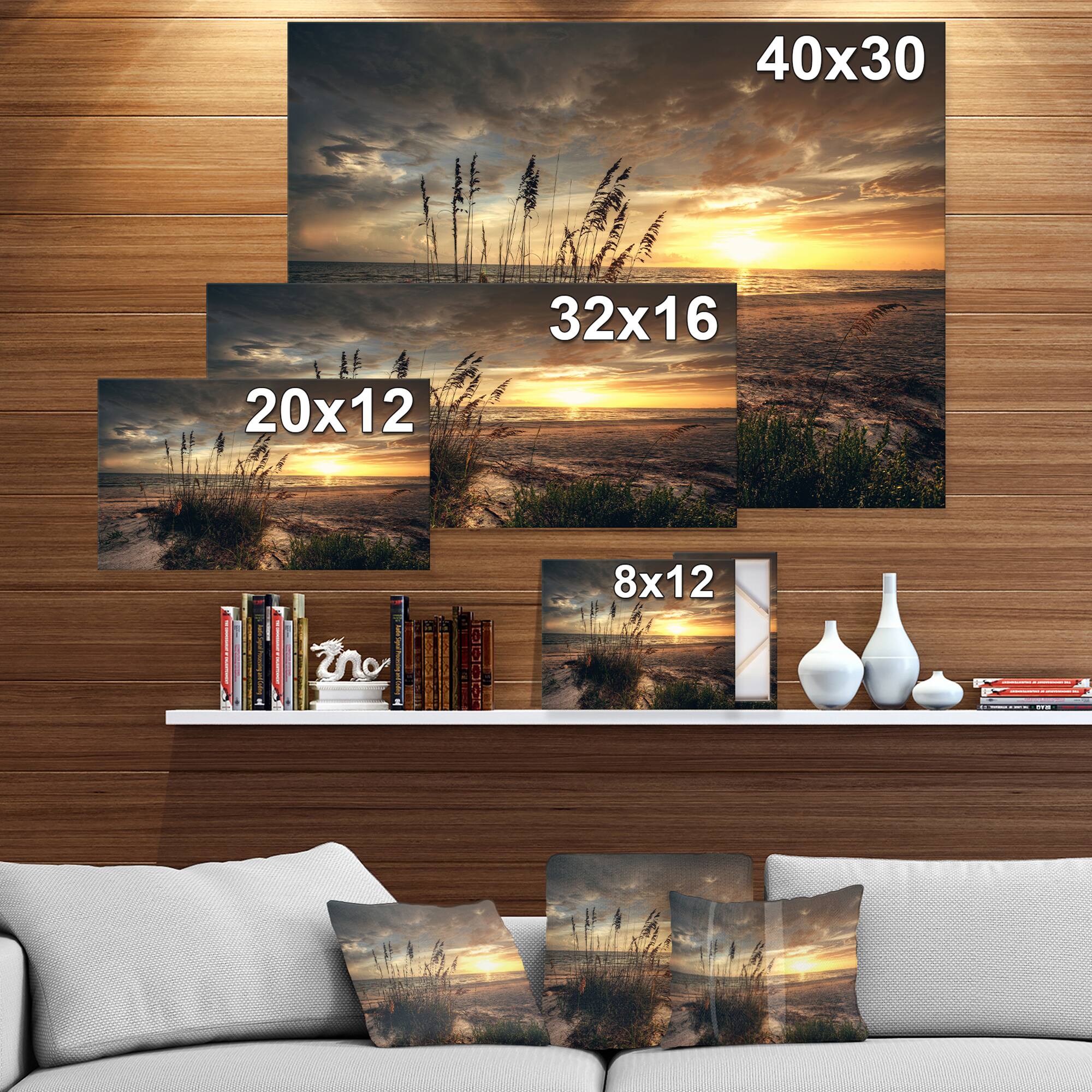 Designart - Grassy and beach sunset - Sea &#x26; Shore Photography on wrapped Canvas