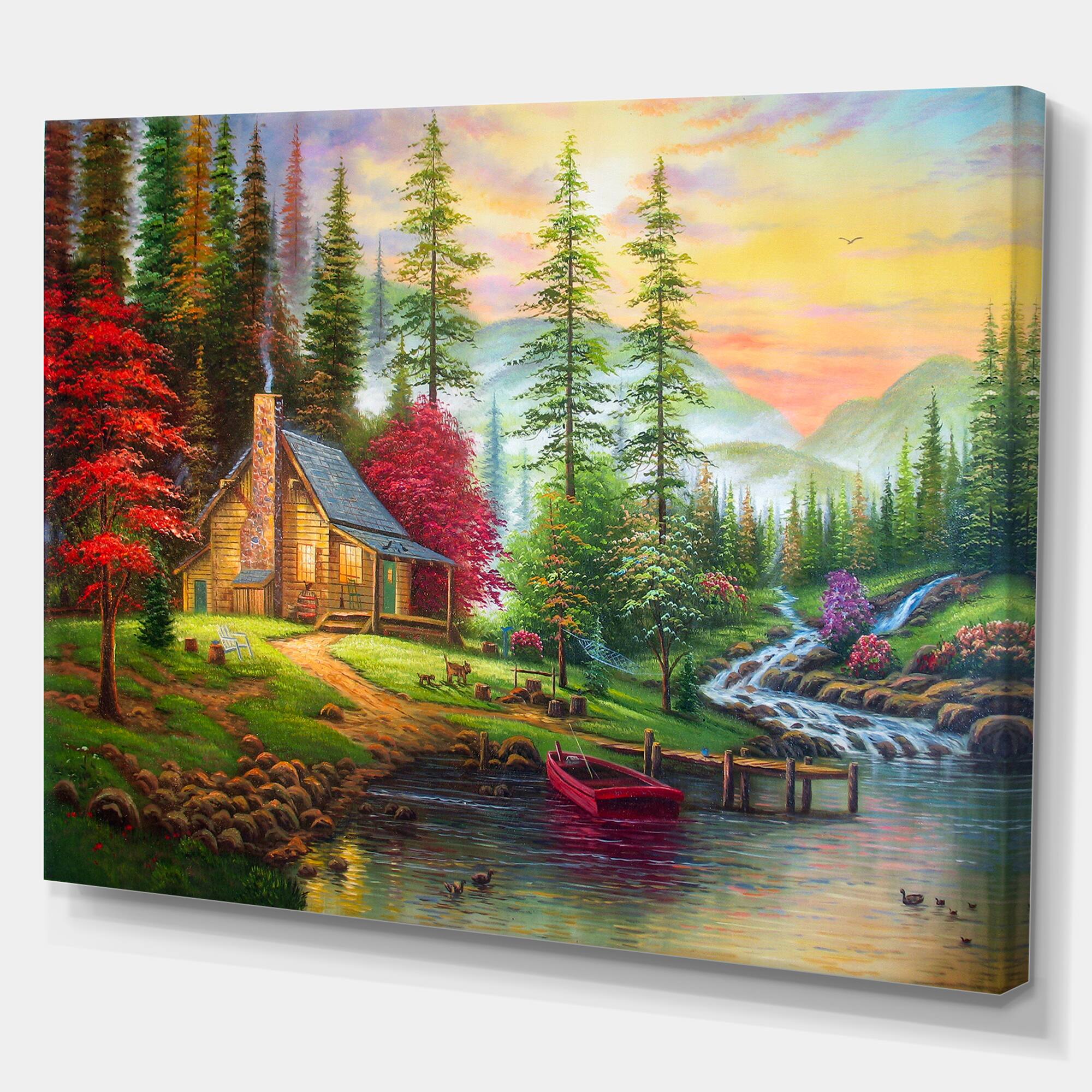 Designart - House in the forest - Landscapes Painting Print on Wrapped Canvas