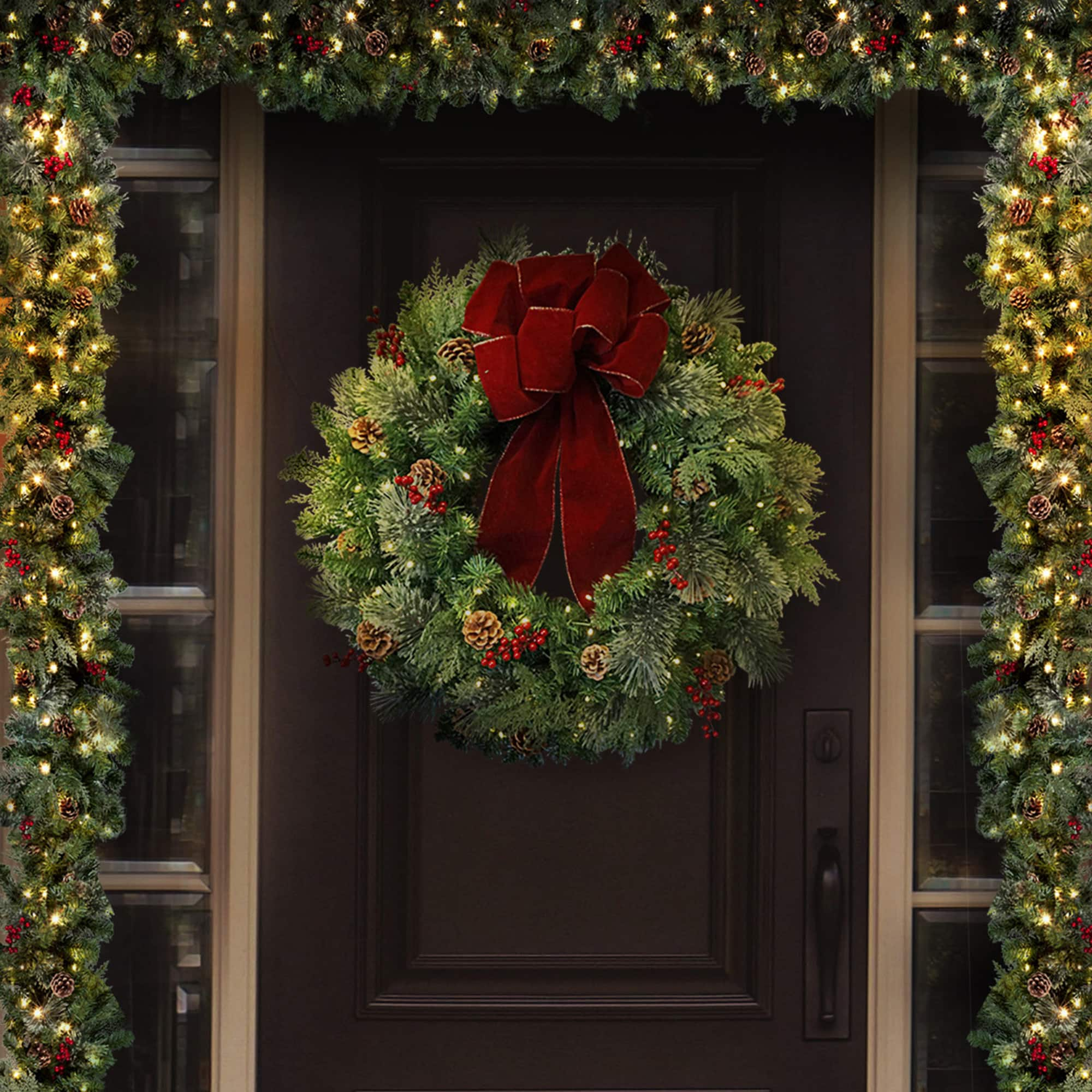 Haute Decor 30&#x22; Pre-Lit Berry &#x26; Pinecone Classic Christmas Wreath, Warm White LED Lights