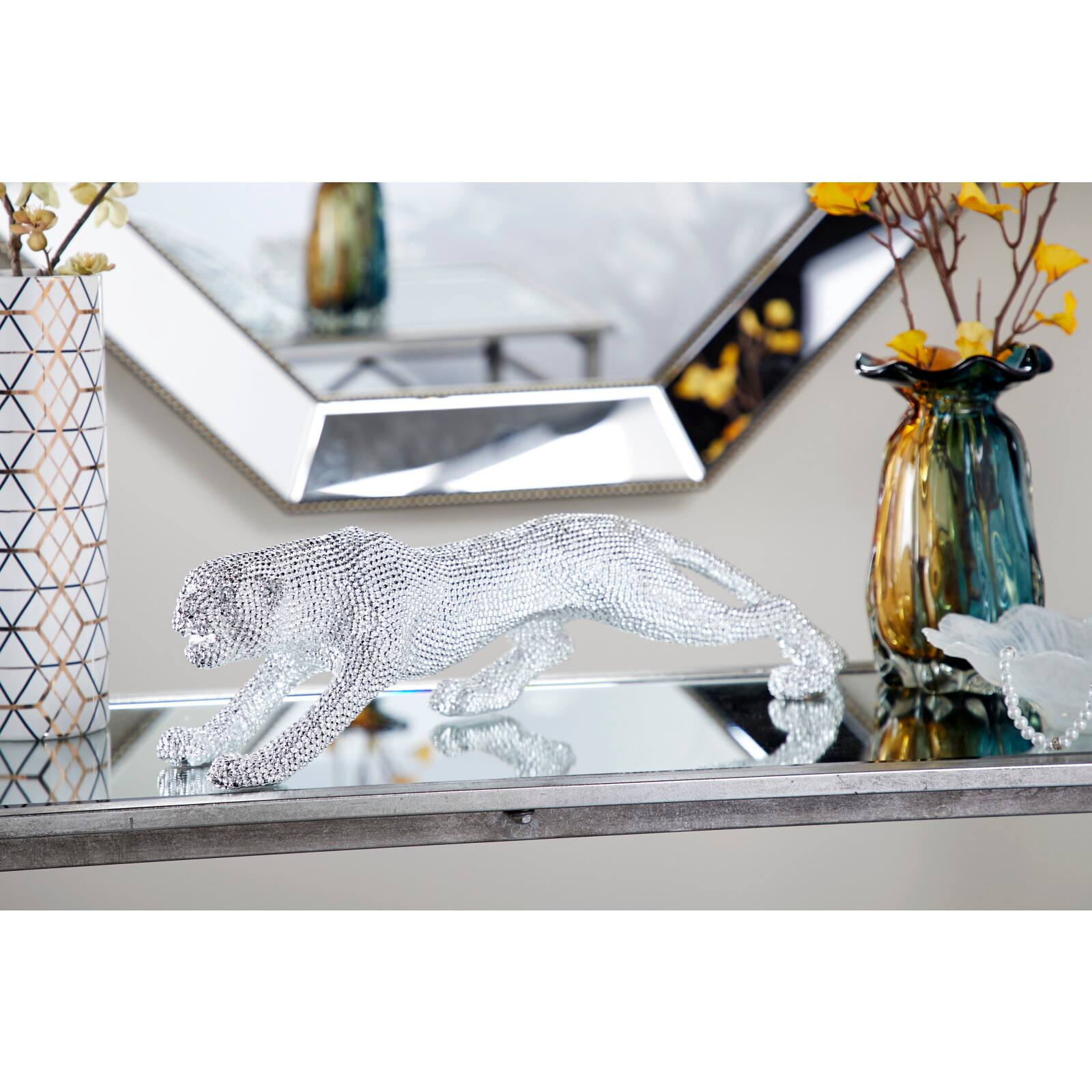 23&#x22; Silver Glam Leopard Sculpture