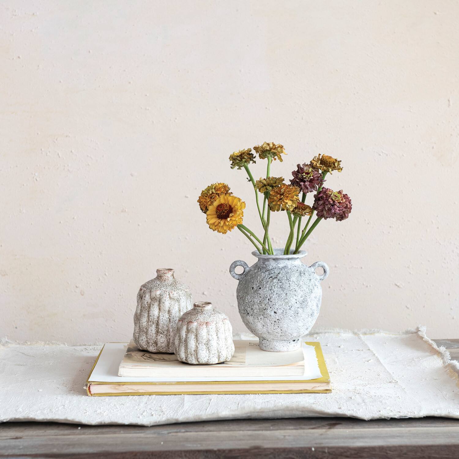 Hello Honey® Cream Terra Cotta Vase with Raised Rectangle Pattern Set