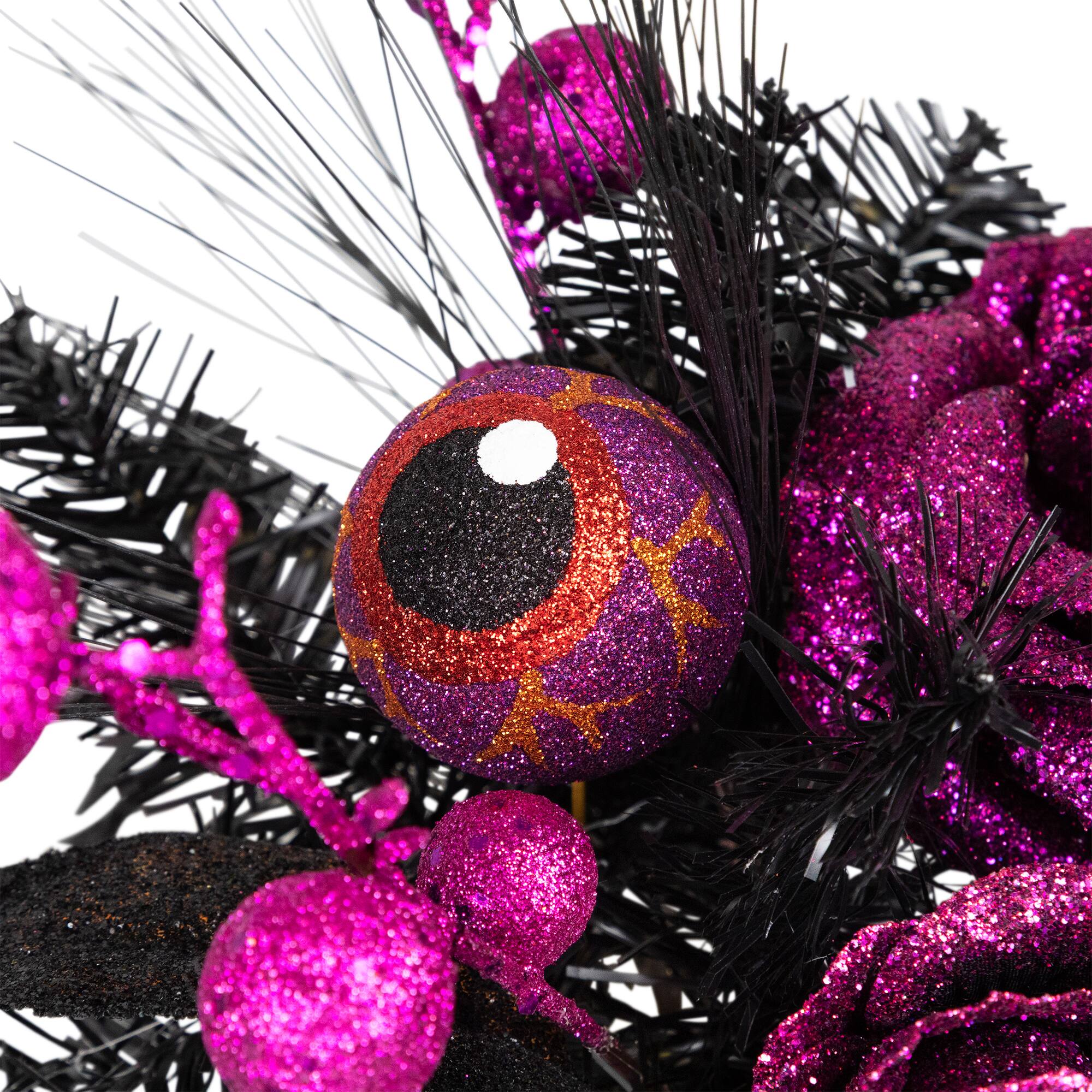 12" Black Witch's Boot with Purple Glittered Roses Halloween Decoration