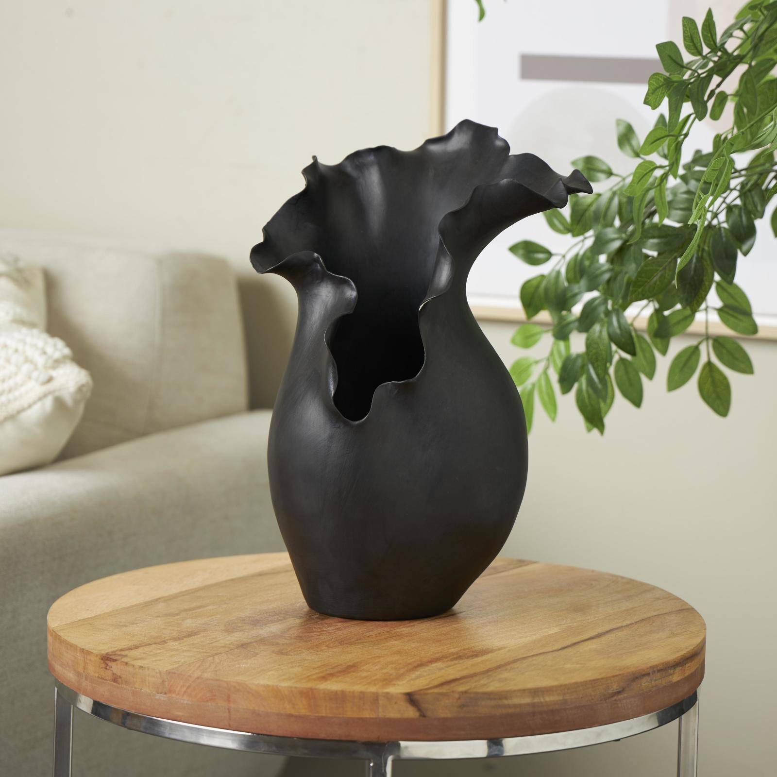 16" Black Abstract Wavy Ceramic Vase