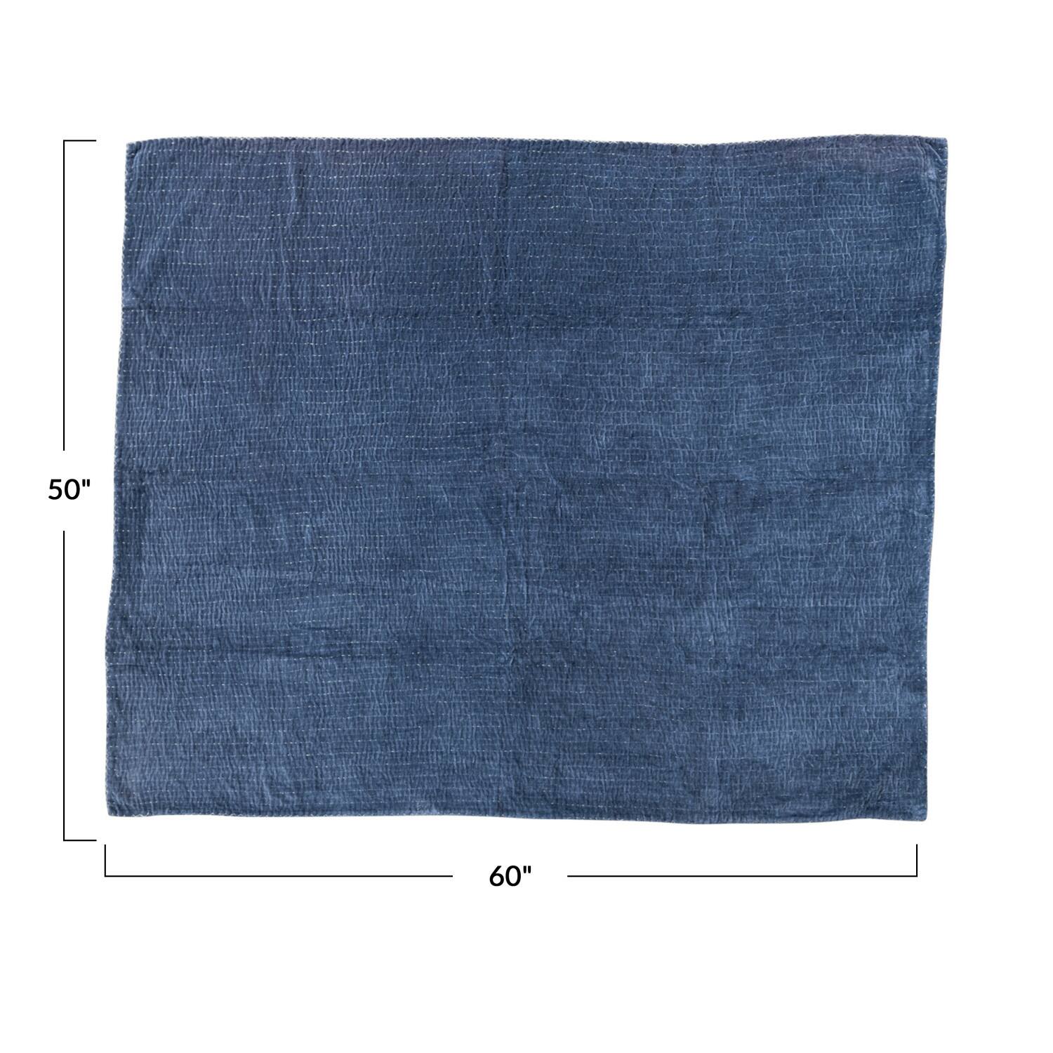 Hello Honey® Blue Kantha & Blanket Stitch Edge Cotton Velvet Throw