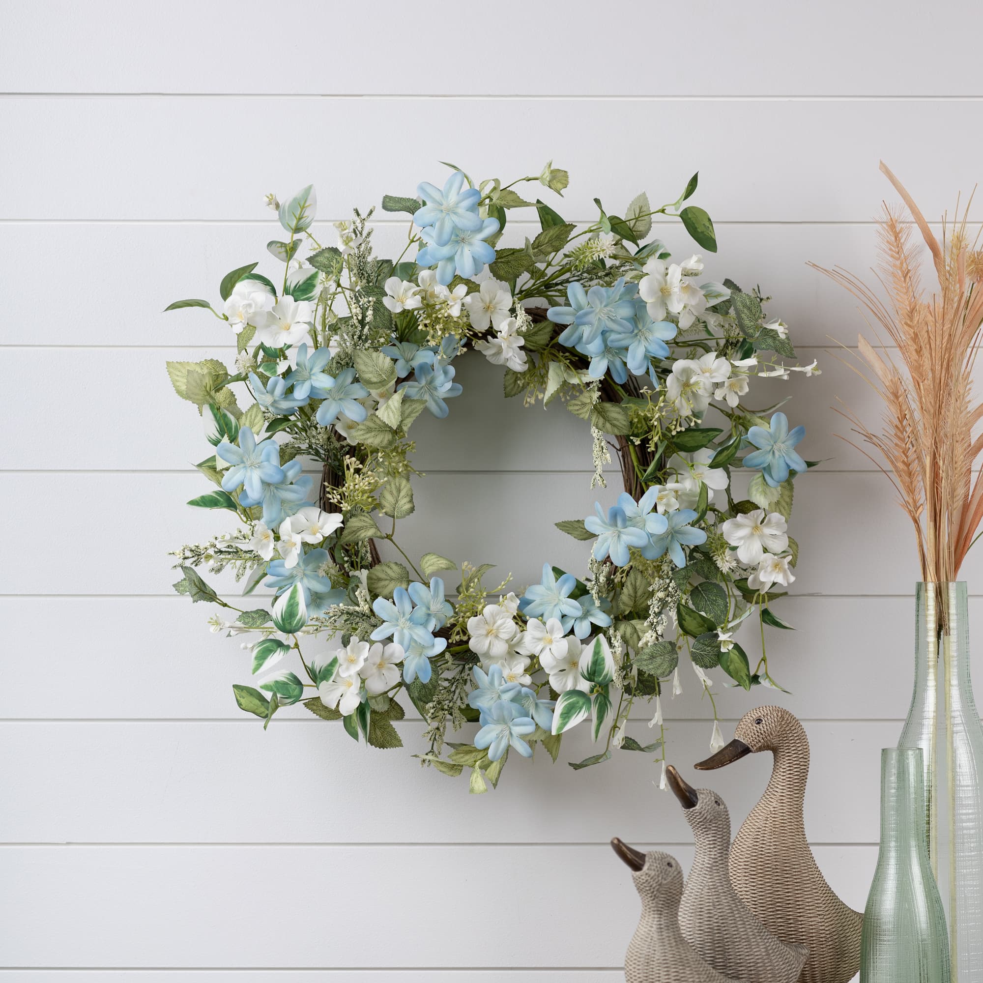 23&#x22; Light Blue Mini Blossom Floral Wreath